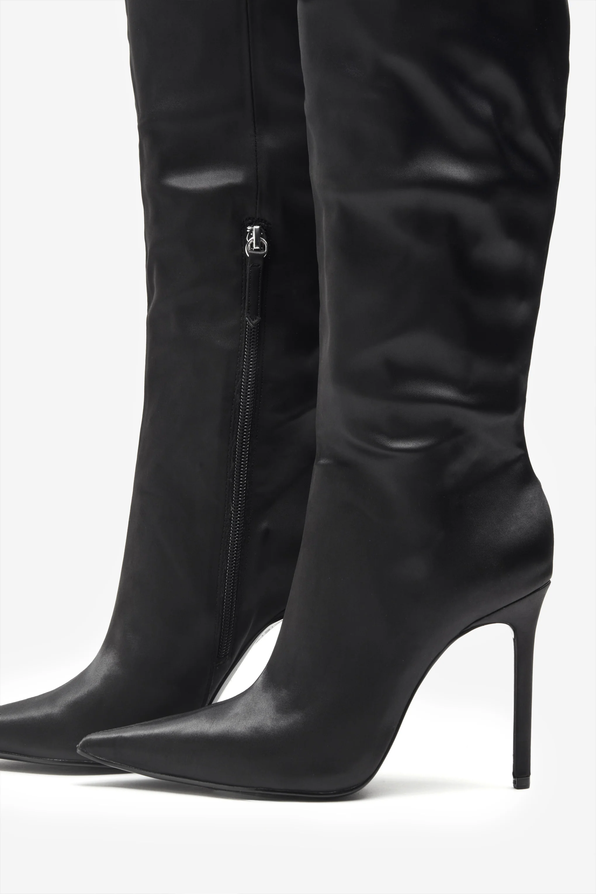 Soho | Black Satin Pointed Heeled Boots With Feather Trims - Image 5