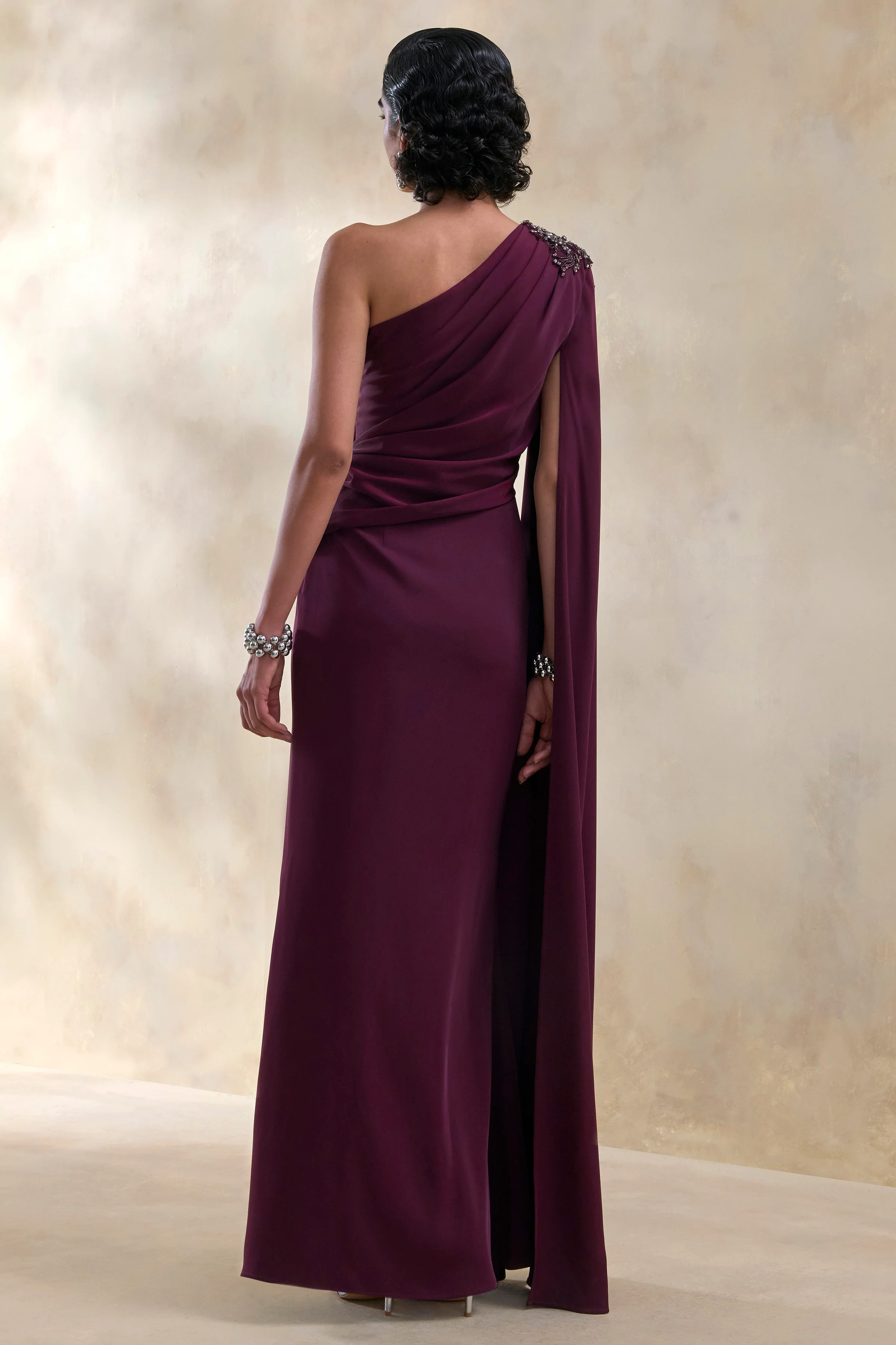 Solace | Dark Plum Asymmetric-Neck Embellished Maxi Dress With Front-High Split - Image 2