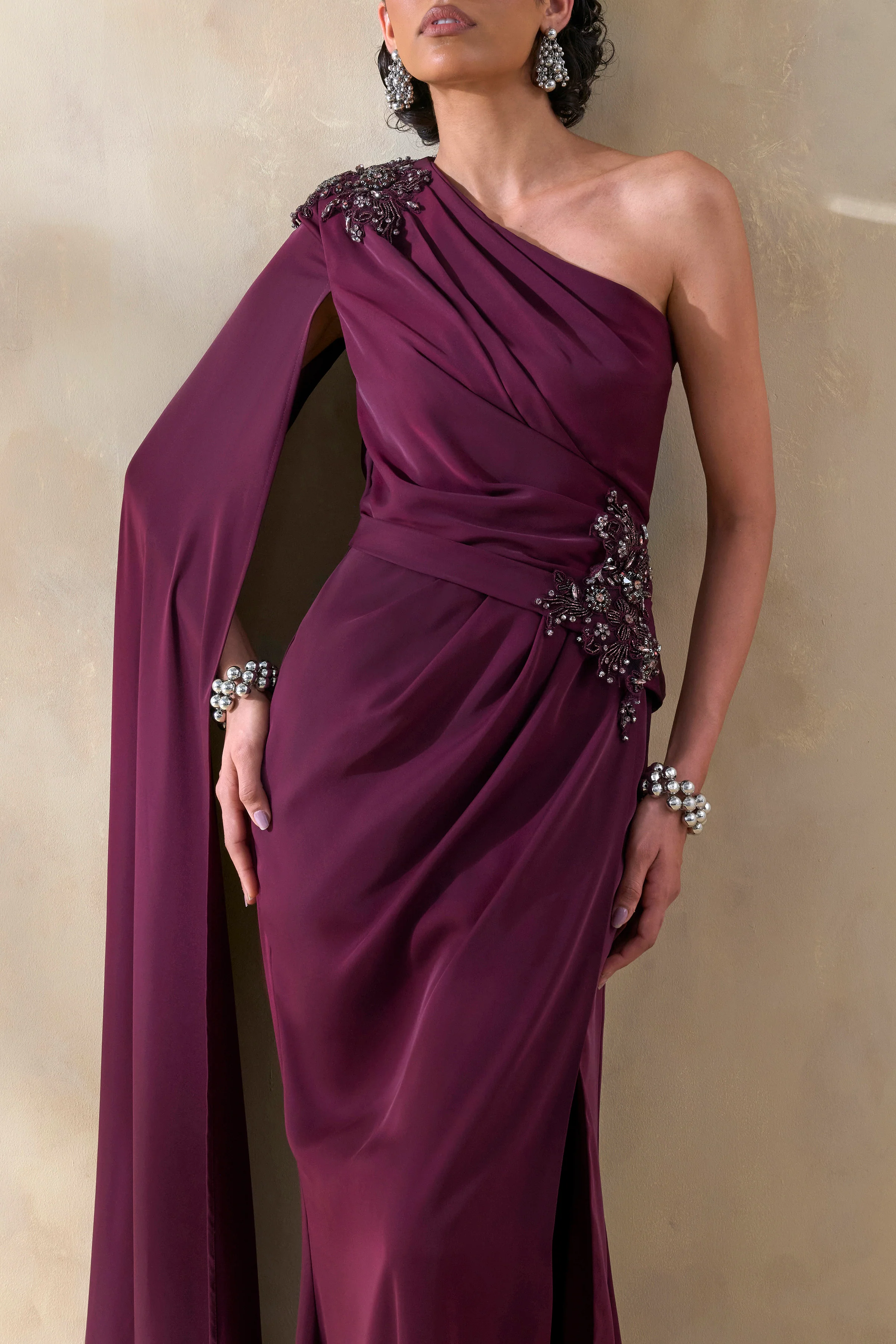 Solace | Dark Plum Asymmetric-Neck Embellished Maxi Dress With Front-High Split - Image 3