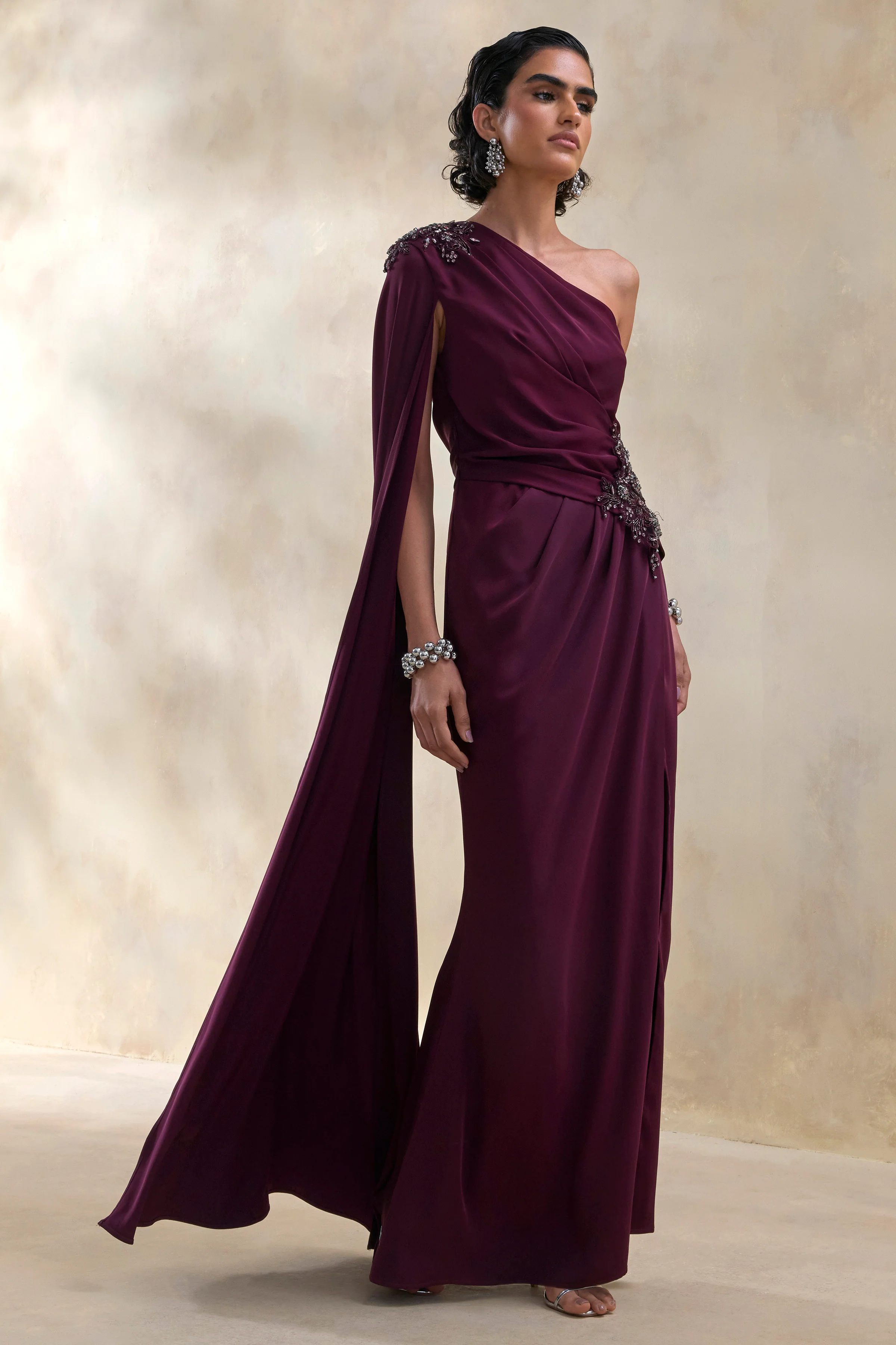 Solace | Dark Plum Asymmetric-Neck Embellished Maxi Dress With Front-High Split - Image 4