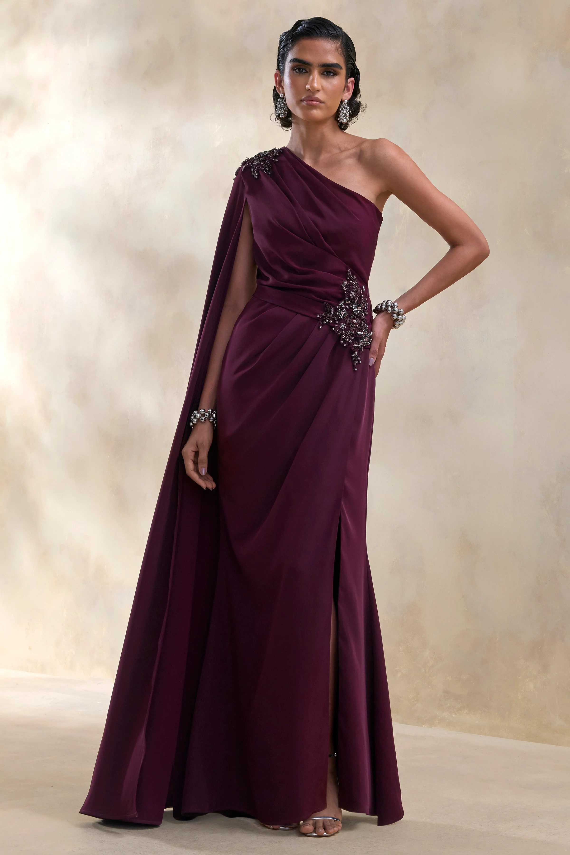 Solace | Dark Plum Asymmetric-Neck Embellished Maxi Dress With Front-High Split - Image 5