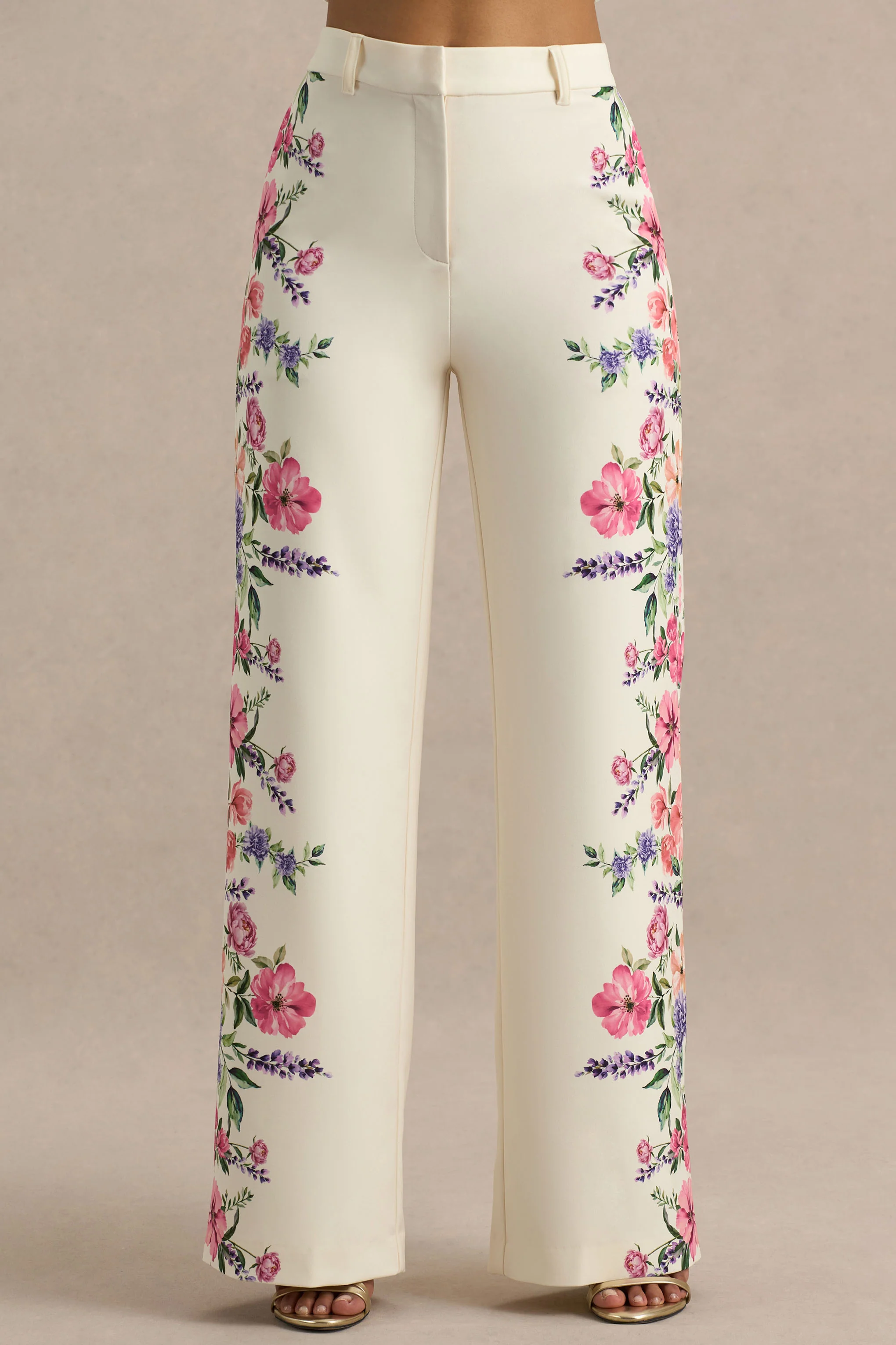 Solana | White Floral Border Print Wide-Leg Trousers - Image 3