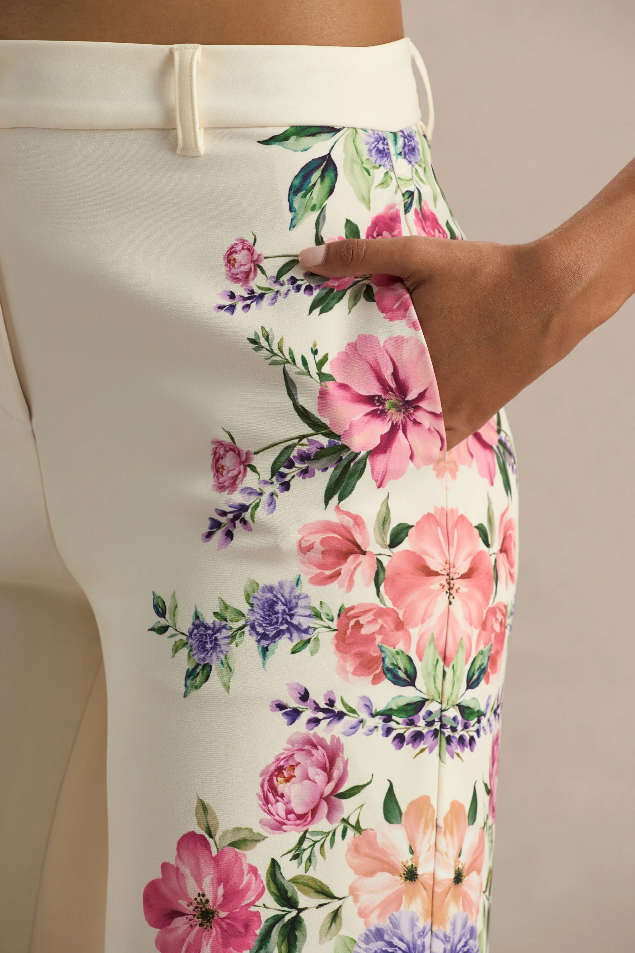Solana | White Floral Border Print Wide-Leg Trousers - Image 5