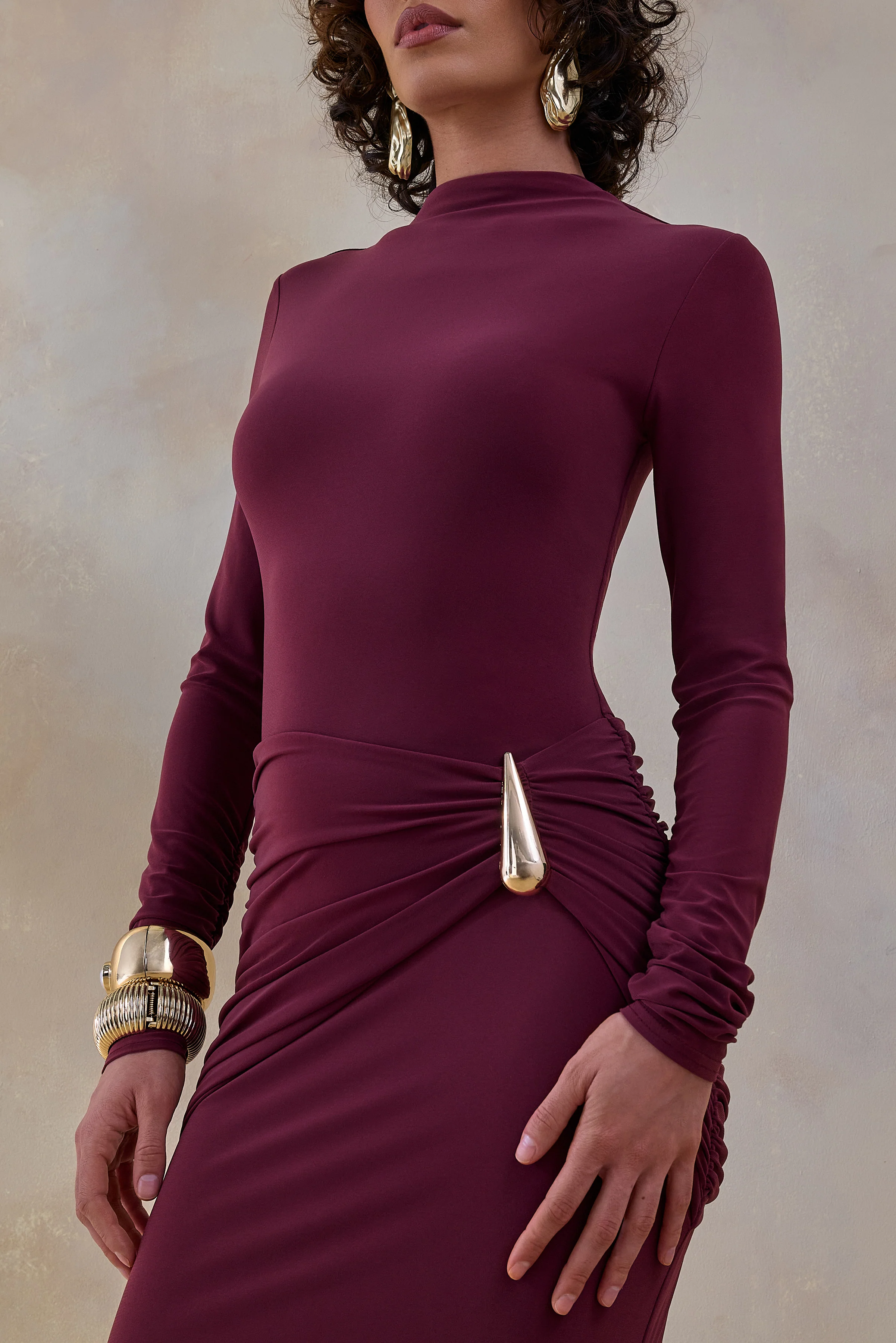 Solarium | Burgundy Long-Sleeve Maxi Dress With Gold Detail - Image 3