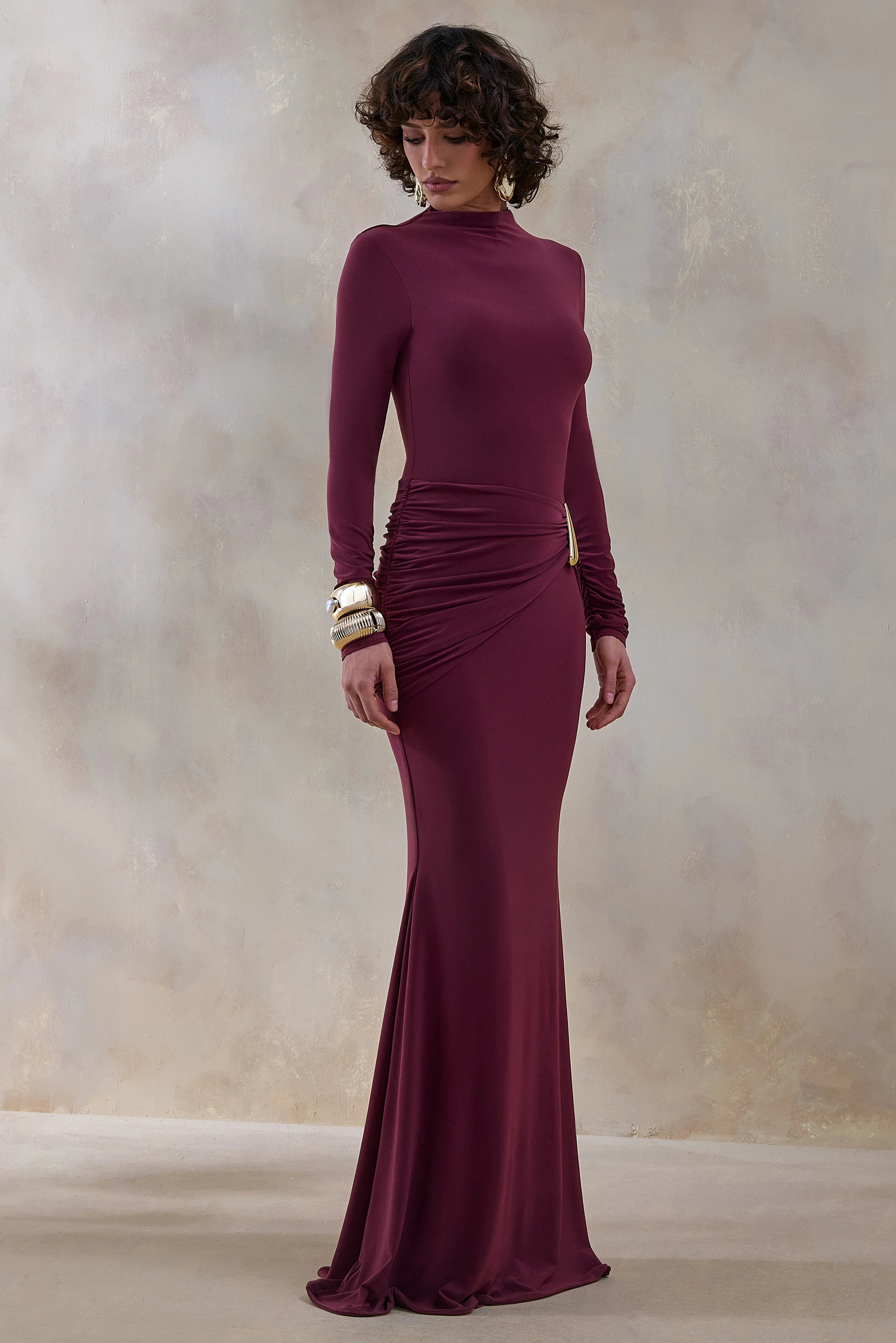 Solarium | Burgundy Long-Sleeve Maxi Dress With Gold Detail - Image 5