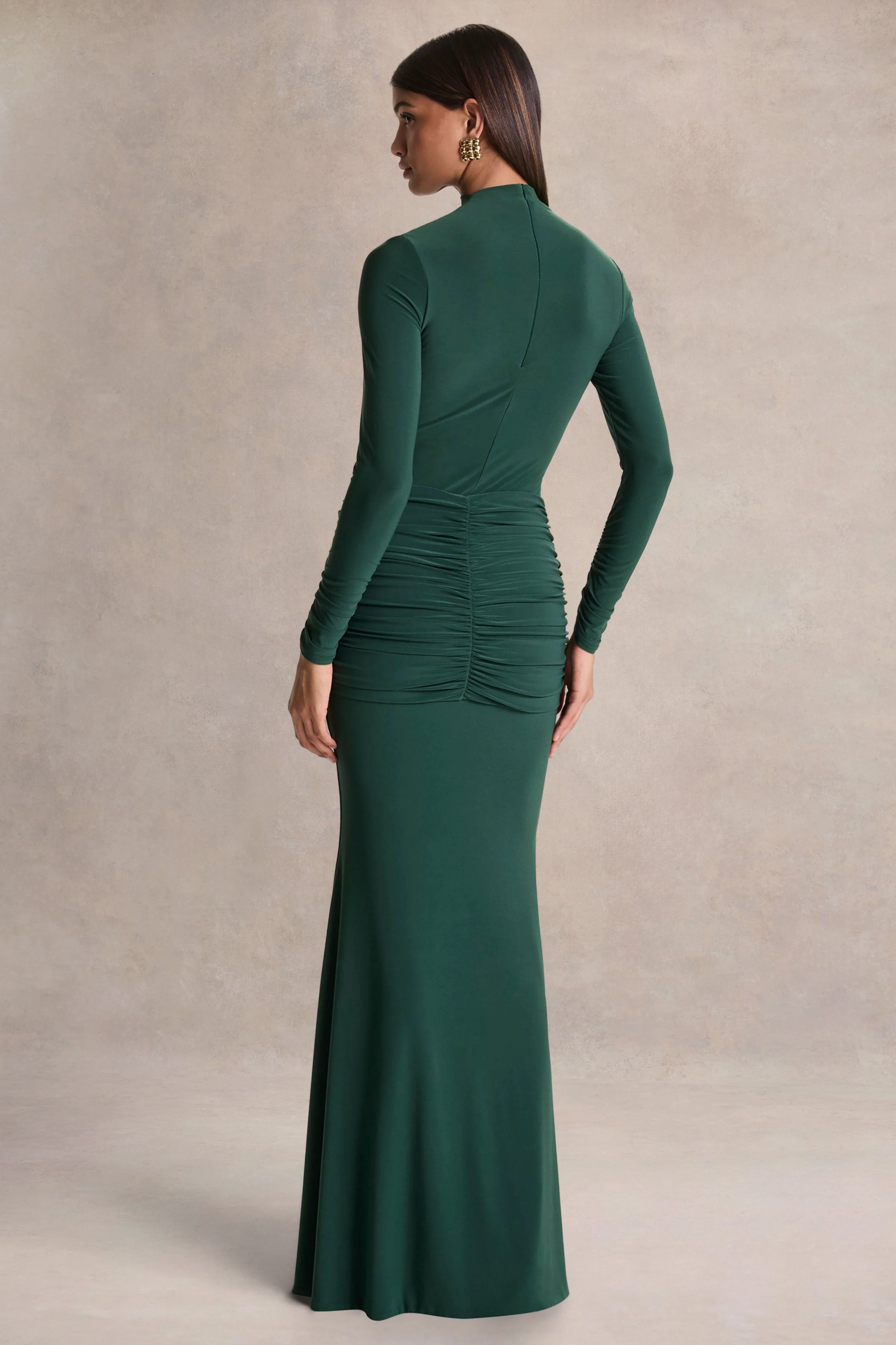 Solarium | Dark Green Long-Sleeve Maxi Dress With Gold Detail - Image 2