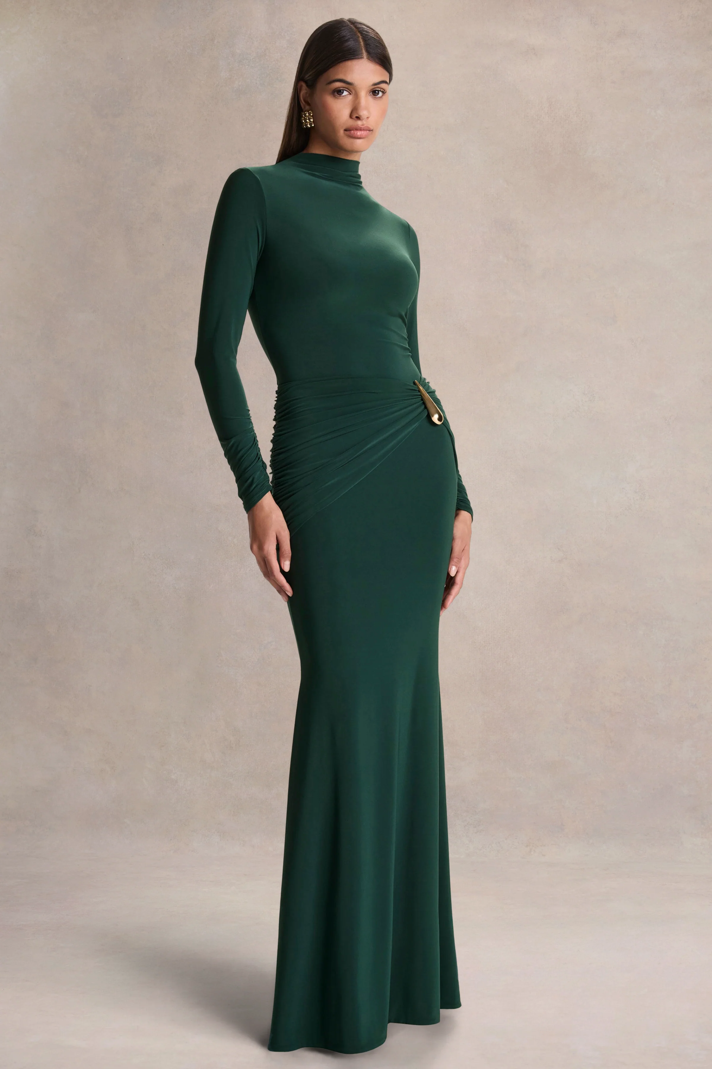 Solarium | Dark Green Long-Sleeve Maxi Dress With Gold Detail - Image 4