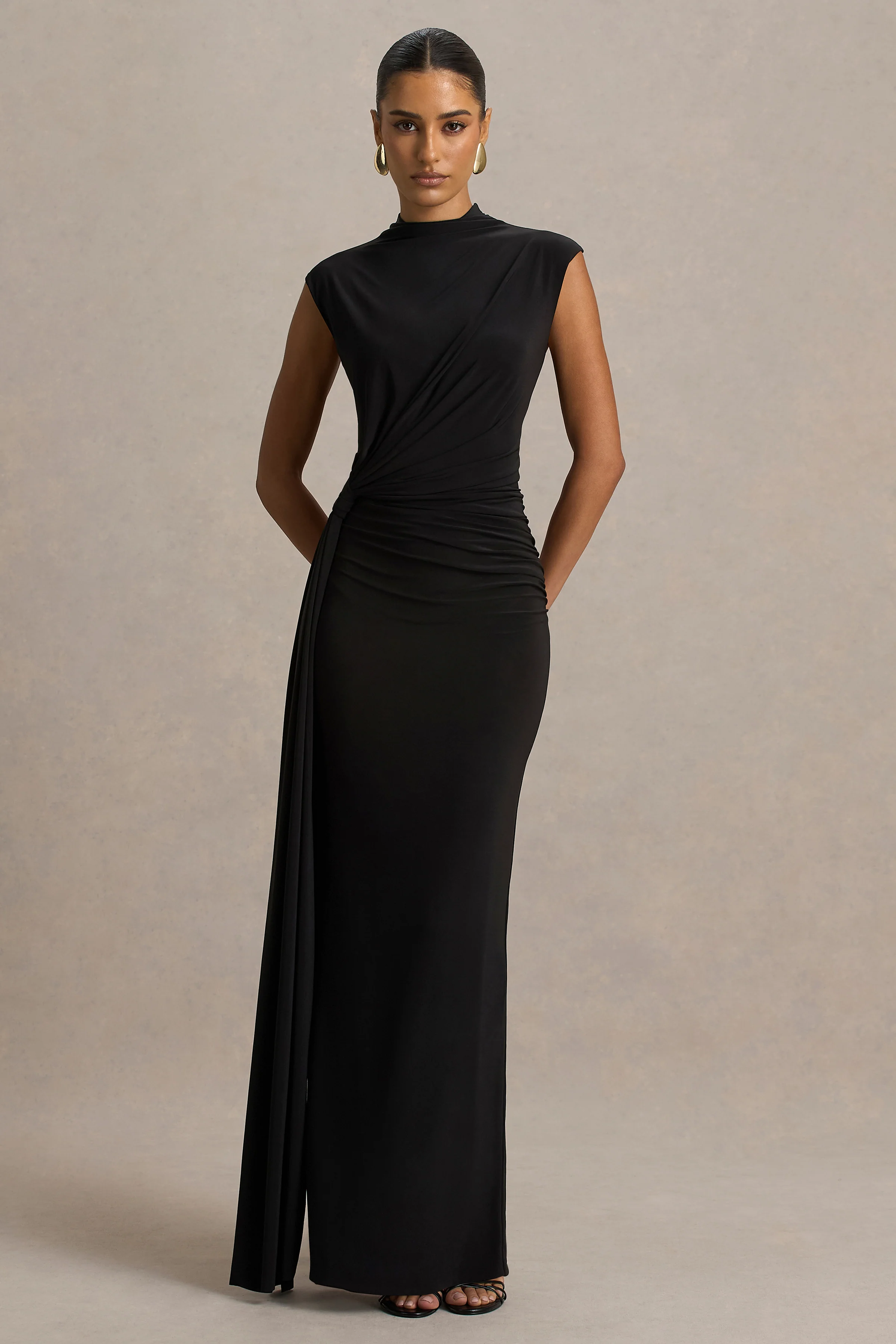 Solene | Black High-Neck Maxi Dress With Wrap And Drape Detail - Image 5