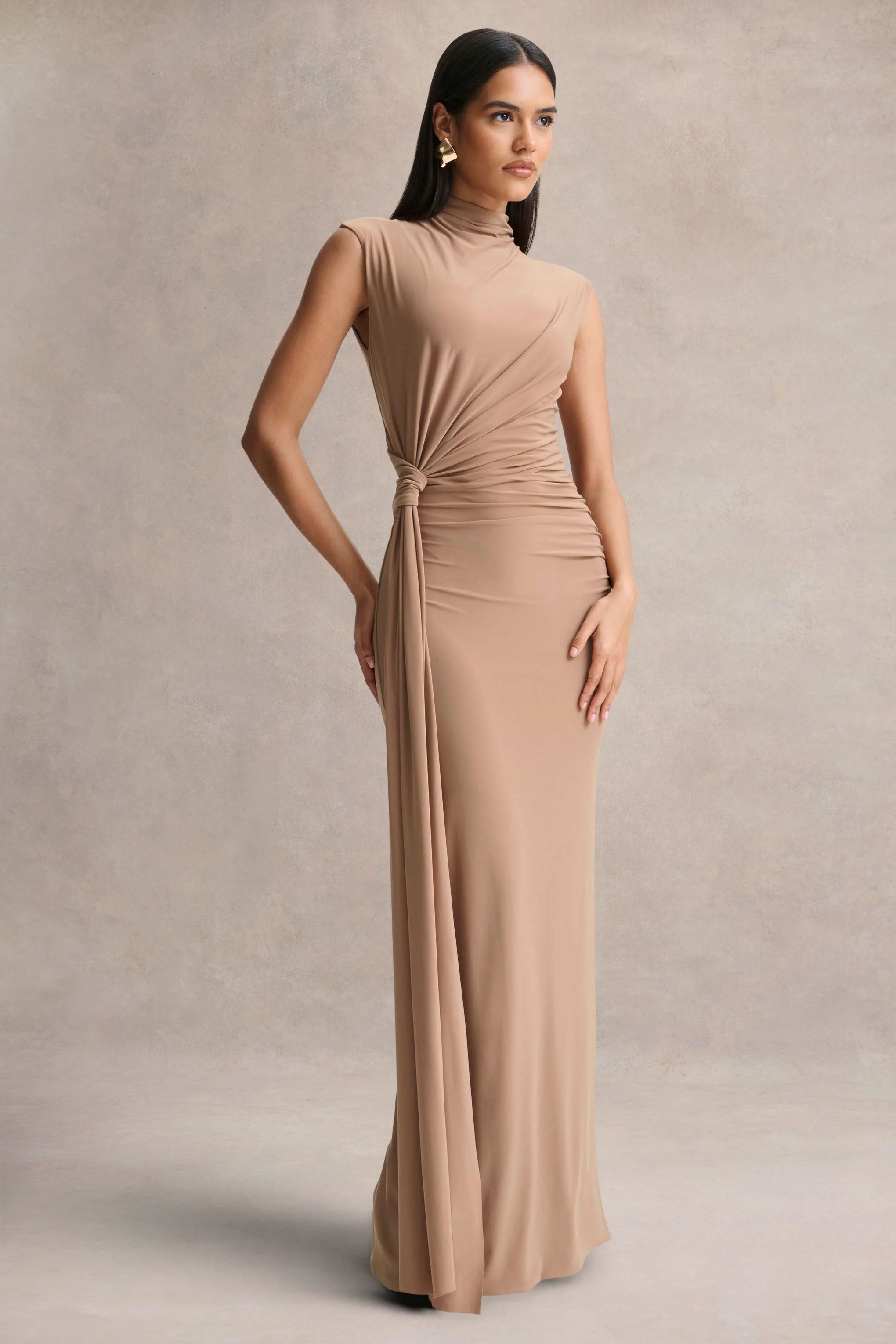 Solene | Brown High-Neck Maxi Dress With Wrap And Drape Detail - Image 4