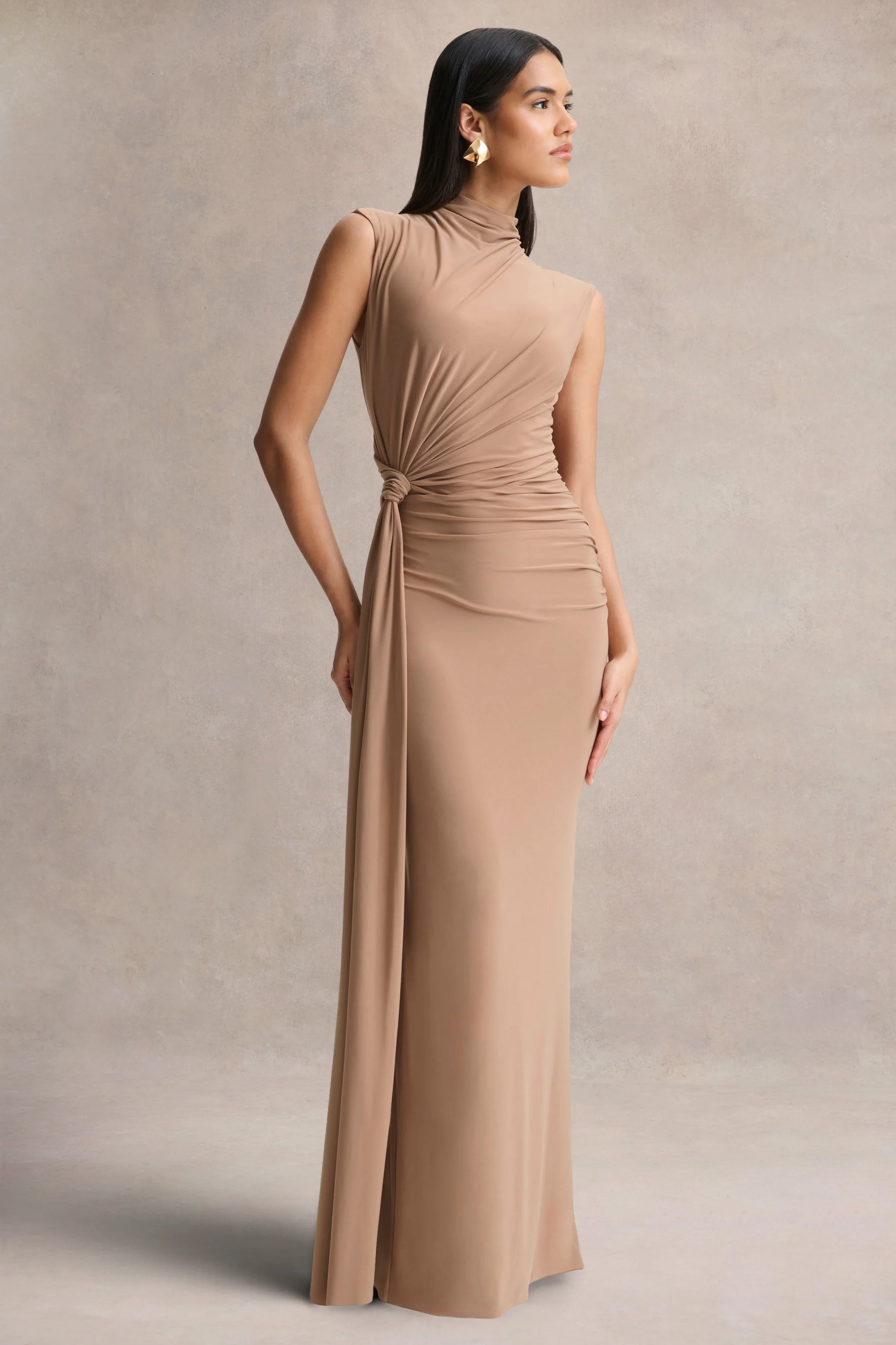 Solene | Brown High-Neck Maxi Dress With Wrap And Drape Detail - Image 6