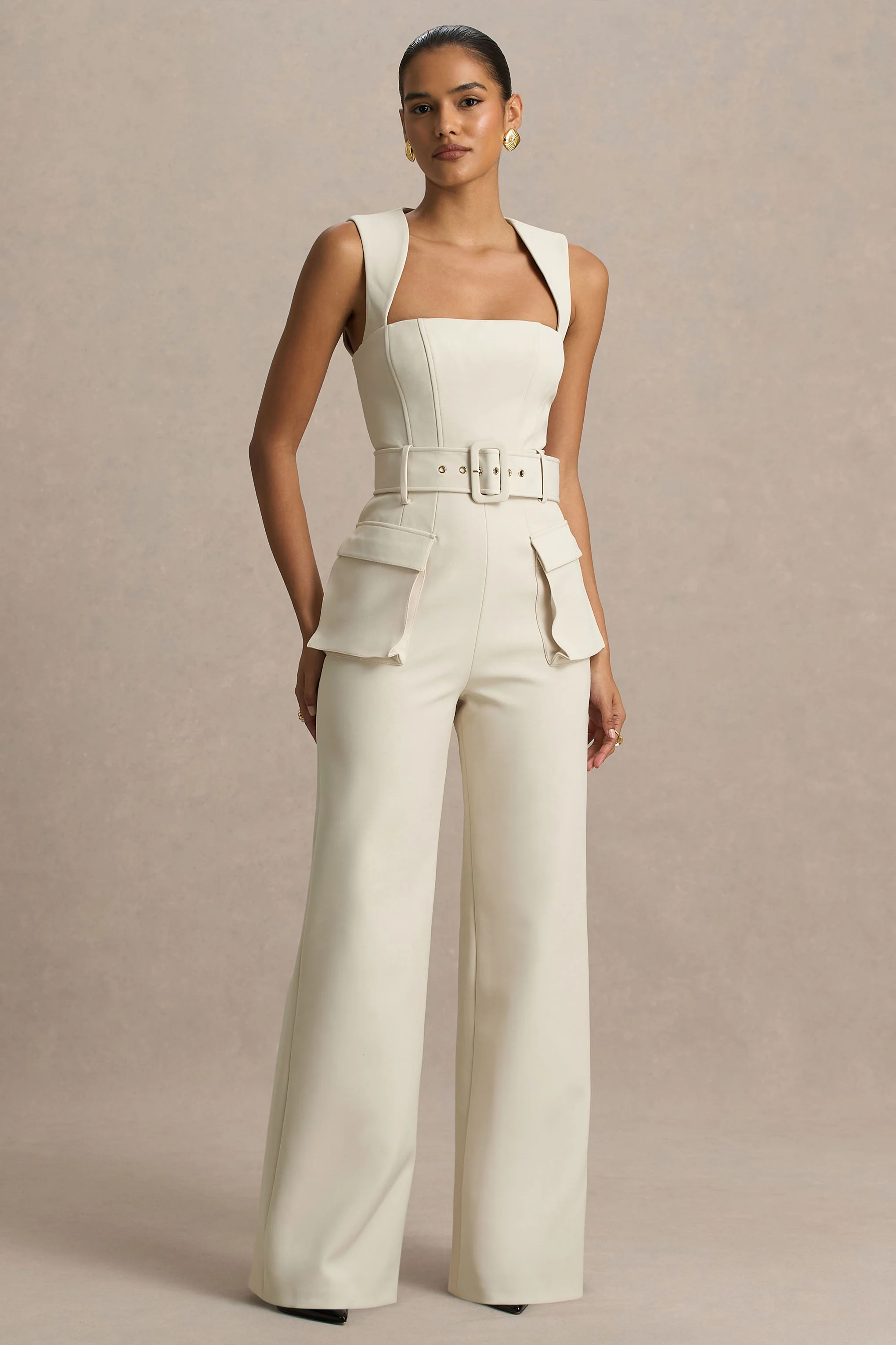 Solice | Cream Square-Neck Tailored Jumpsuit - Image 4