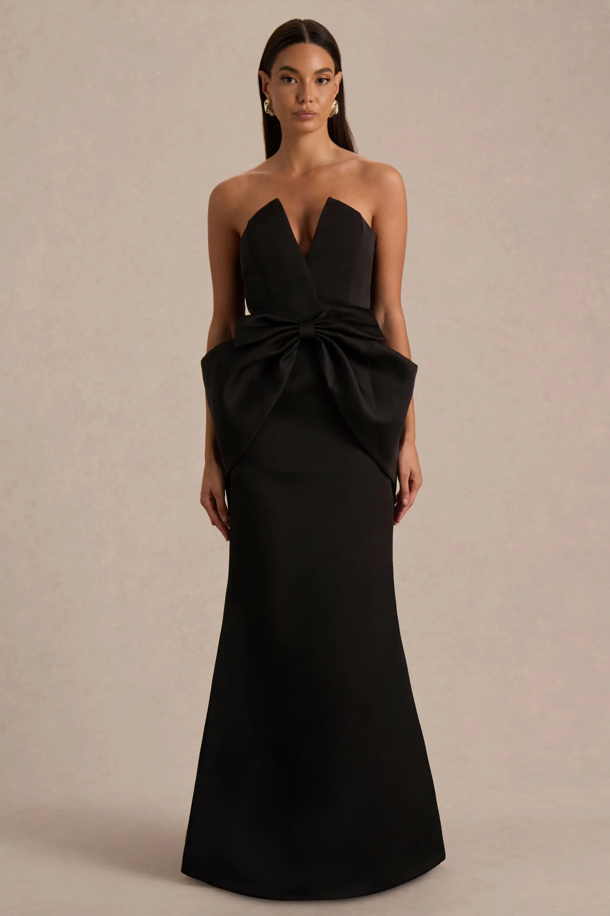 Sonata | Black Satin Bandeau Maxi Dress With Bow Detail - Image 4