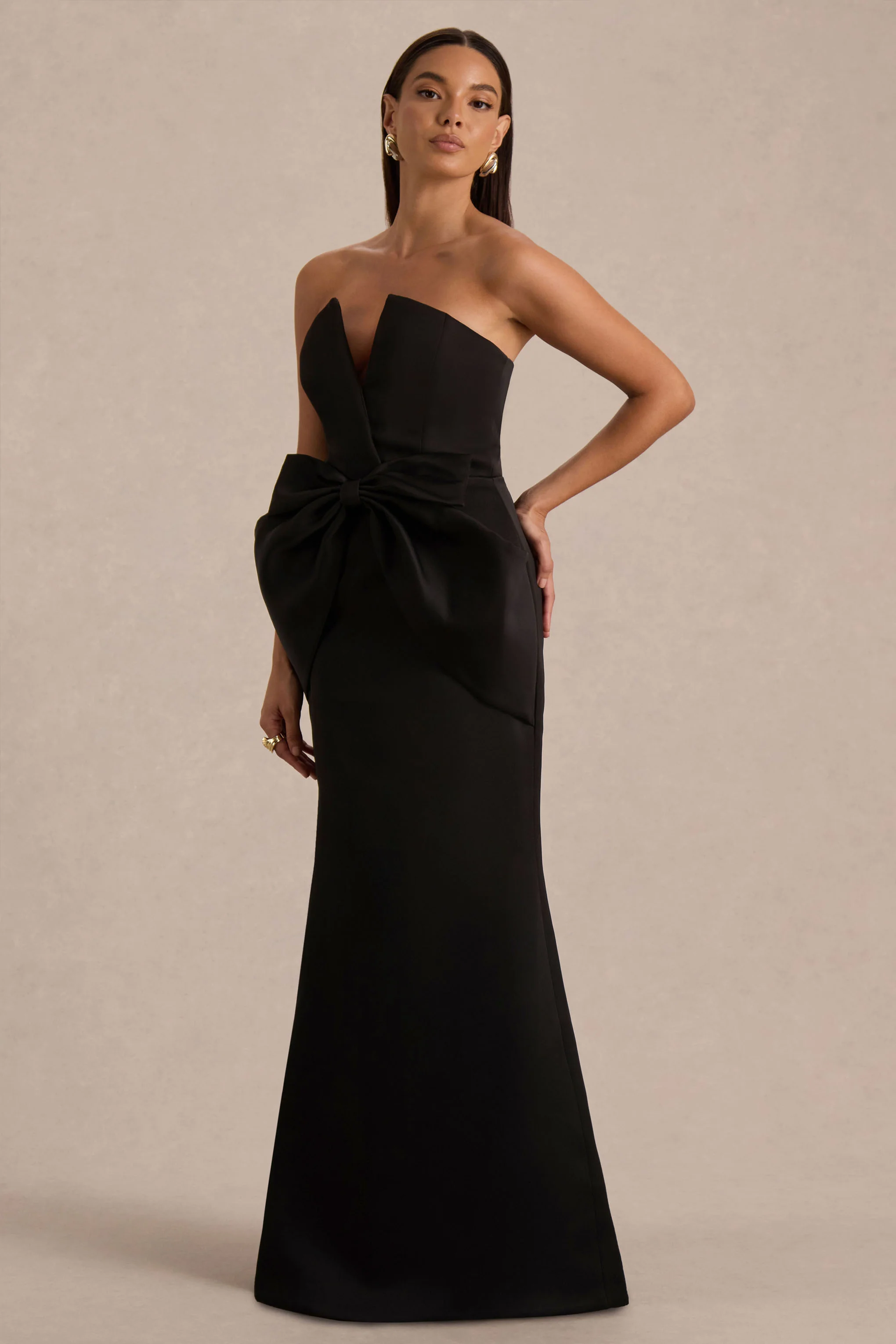 Sonata | Black Satin Bandeau Maxi Dress With Bow Detail - Image 6