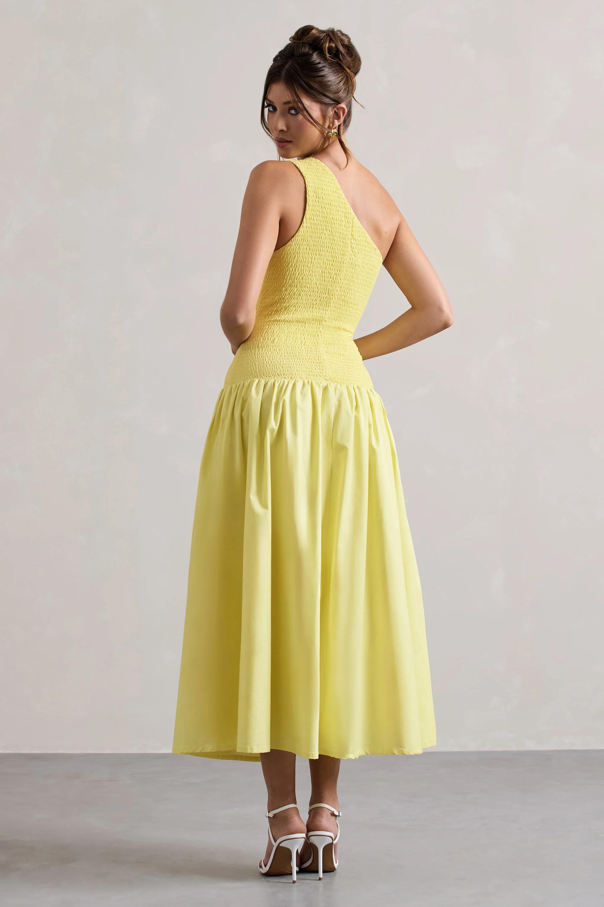 Sorbet | Lemon Poplin One Shoulder Pleated Maxi Dress - Image 2