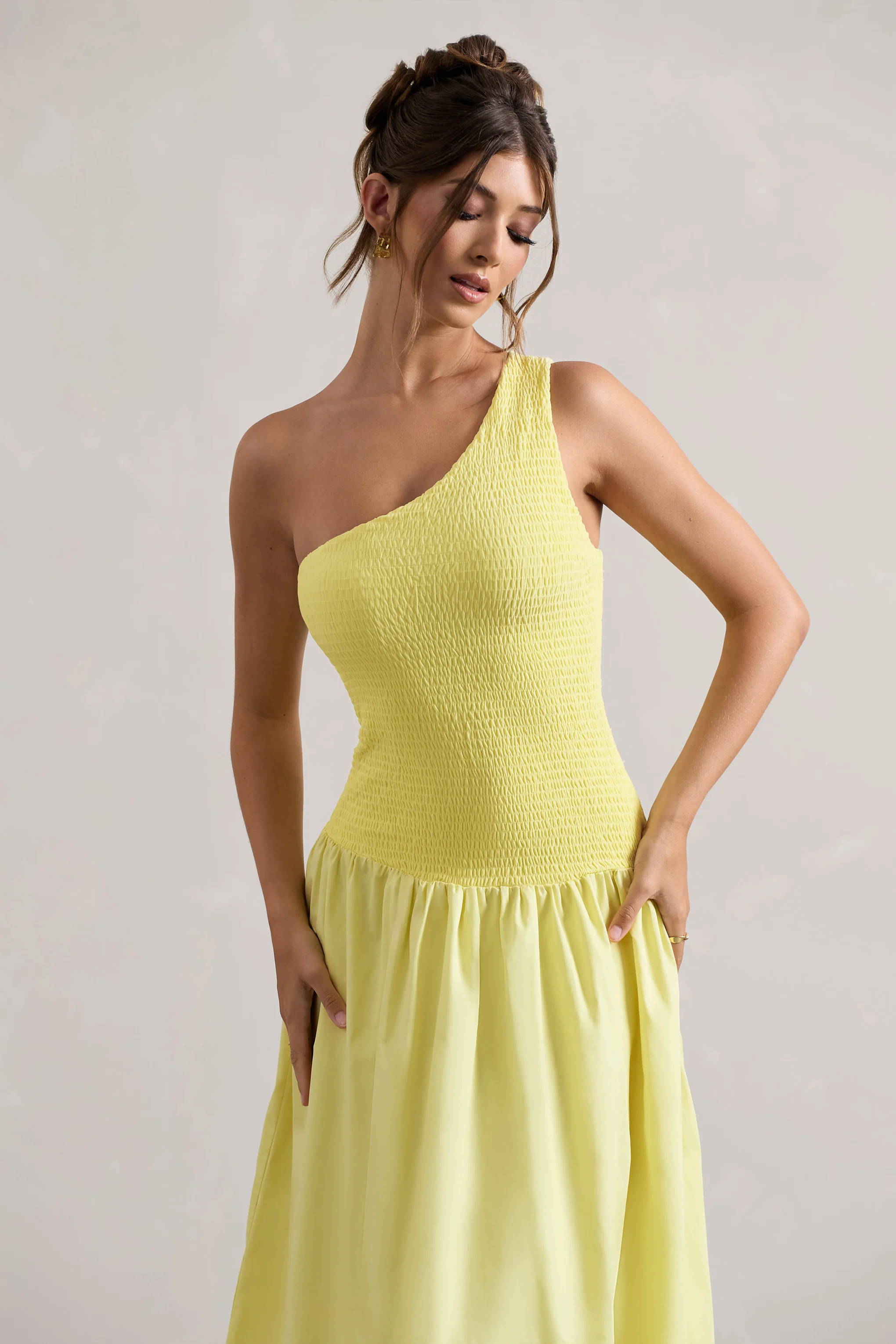 Sorbet | Lemon Poplin One Shoulder Pleated Maxi Dress - Image 3