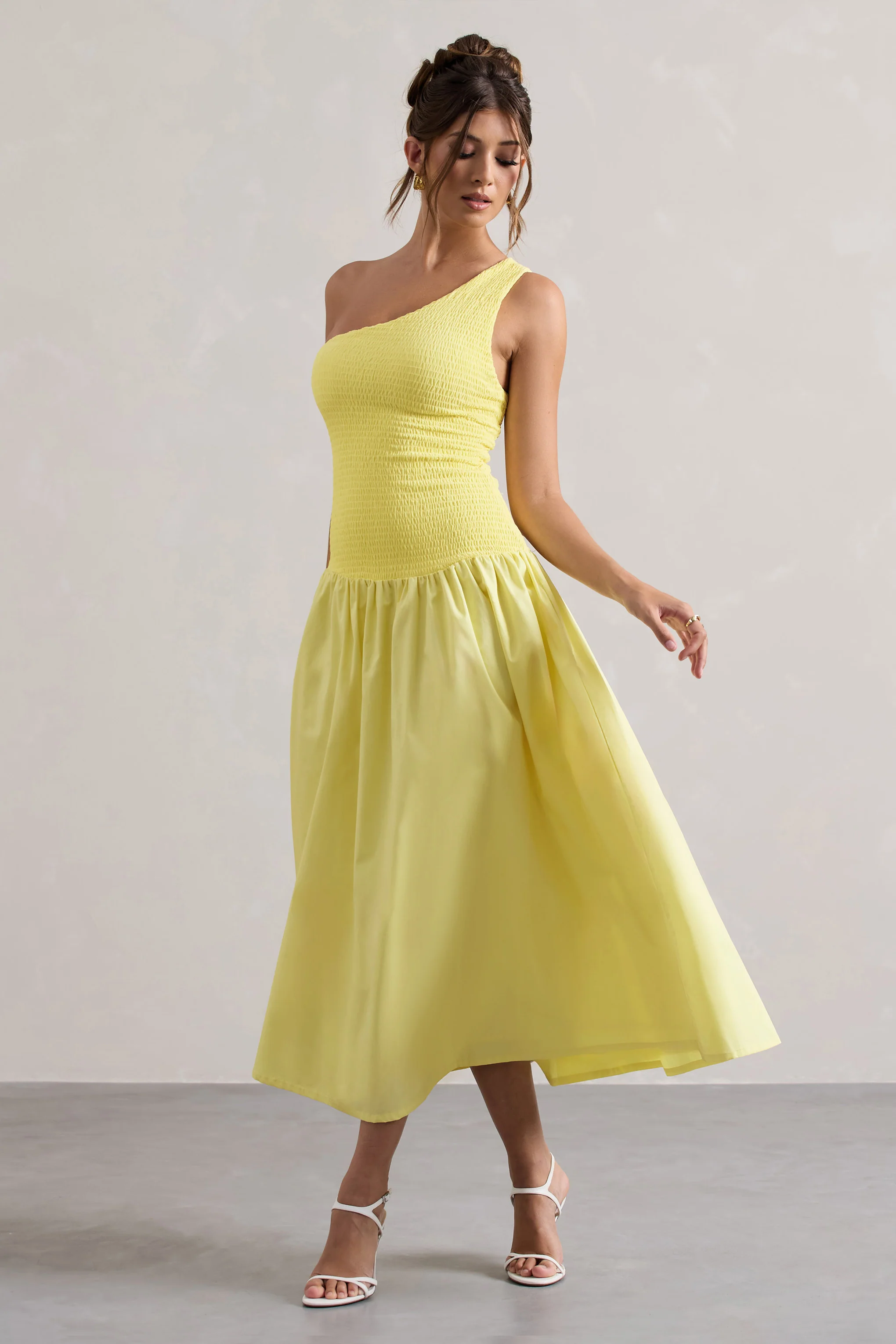 Sorbet | Lemon Poplin One Shoulder Pleated Maxi Dress - Image 4