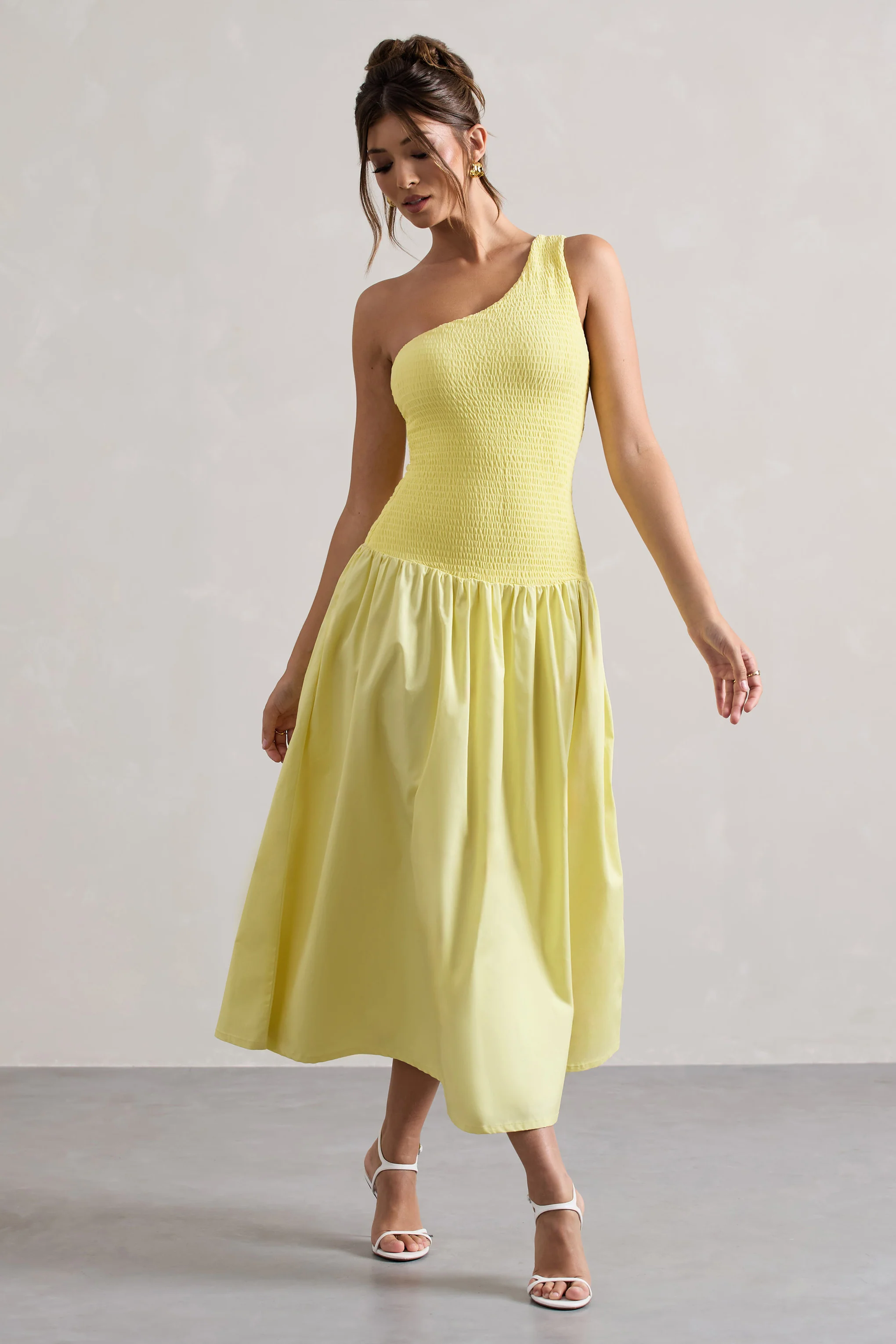 Sorbet | Lemon Poplin One Shoulder Pleated Maxi Dress - Image 5