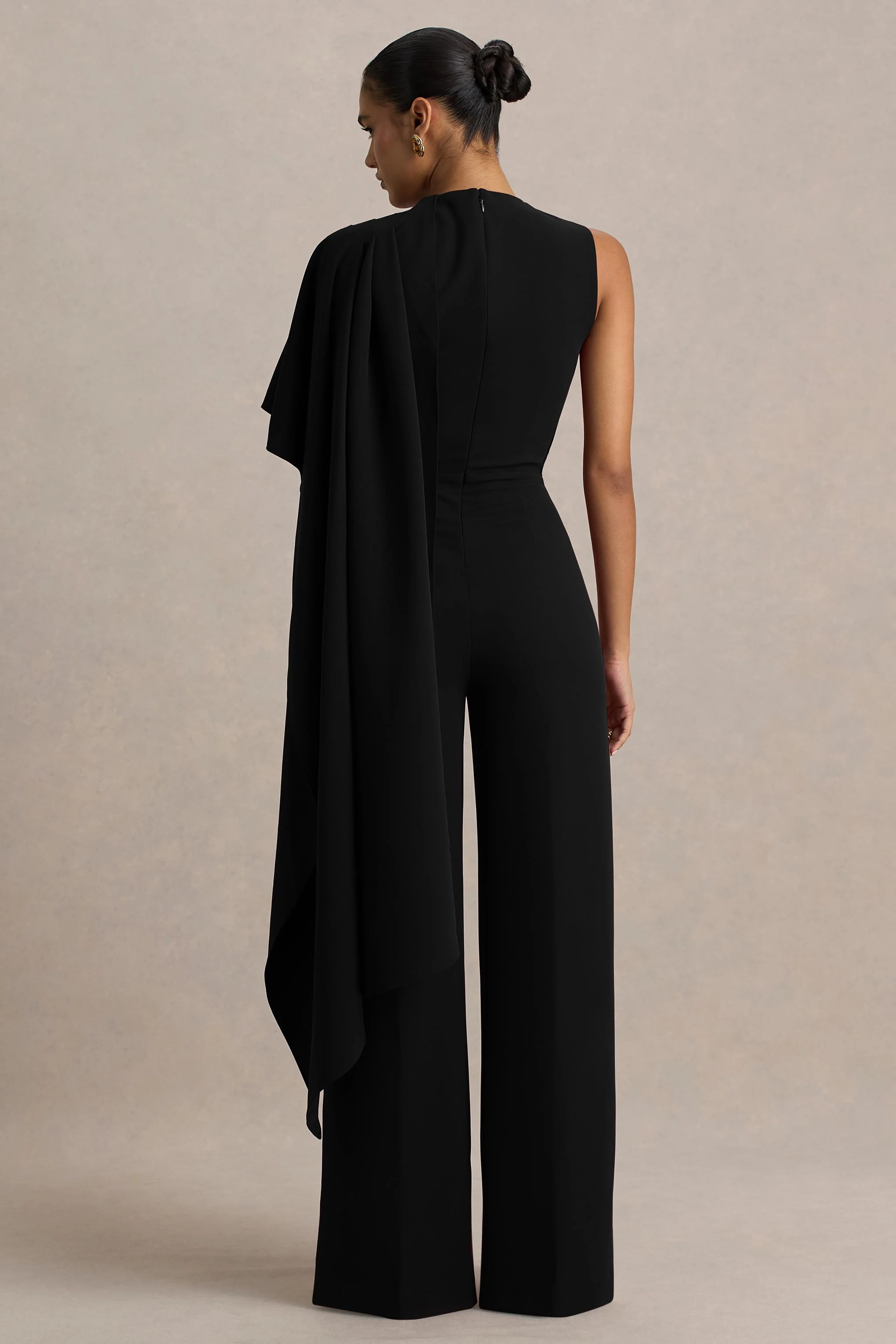 Sorenia | Black High-Neck Jumpsuit With One-Cape Sleeve - Image 2