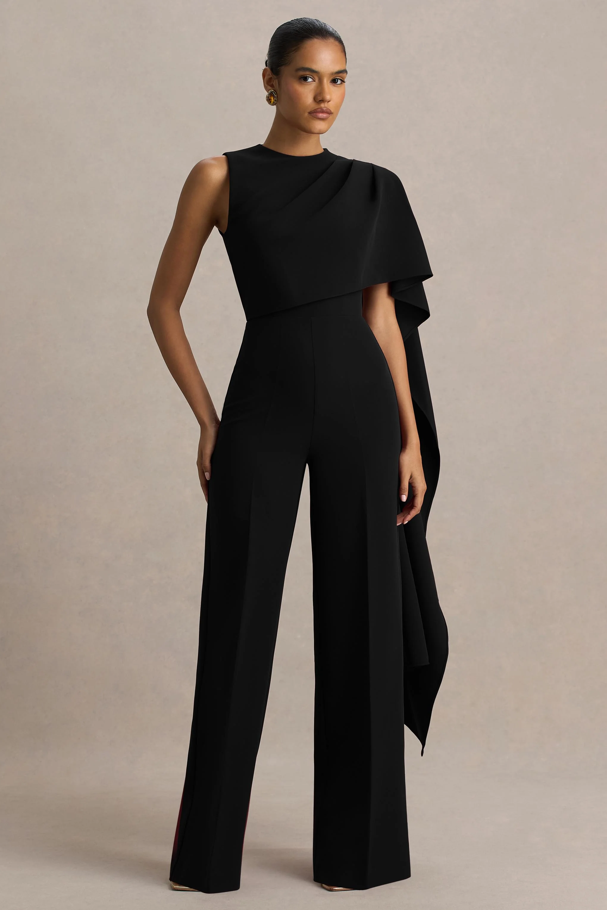 Sorenia | Black High-Neck Jumpsuit With One-Cape Sleeve - Image 4