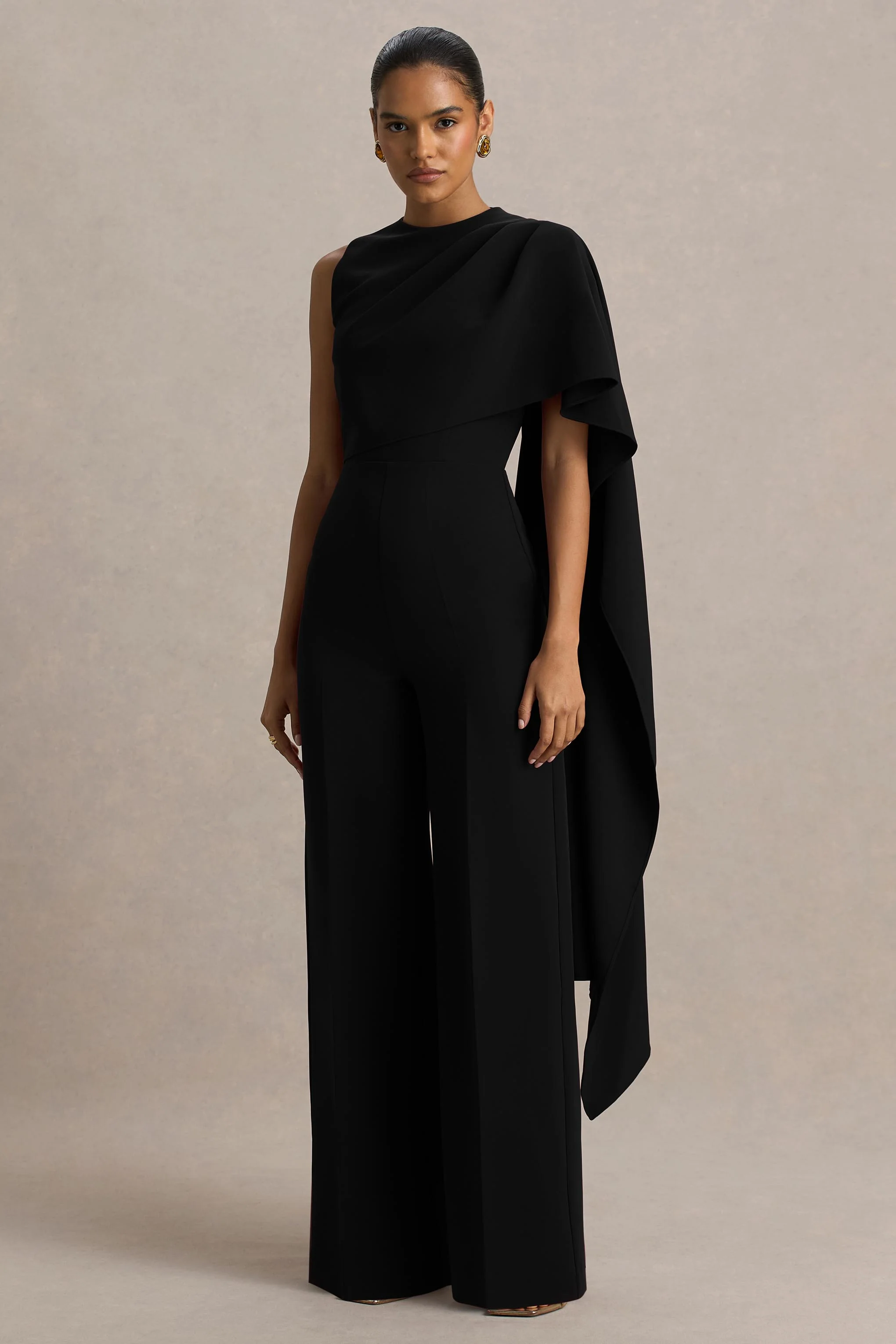 Sorenia | Black High-Neck Jumpsuit With One-Cape Sleeve - Image 5