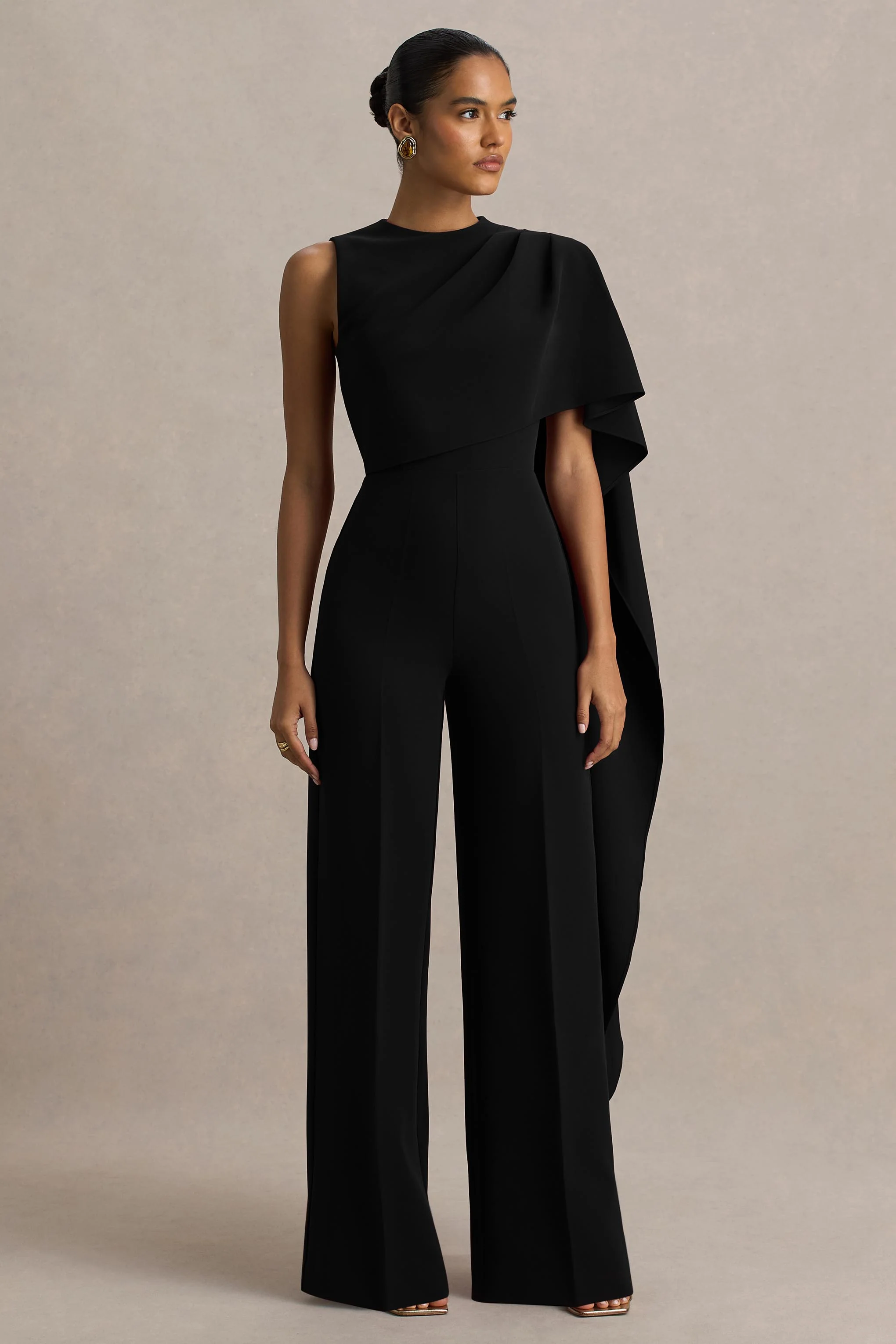 Sorenia | Black High-Neck Jumpsuit With One-Cape Sleeve - Image 6