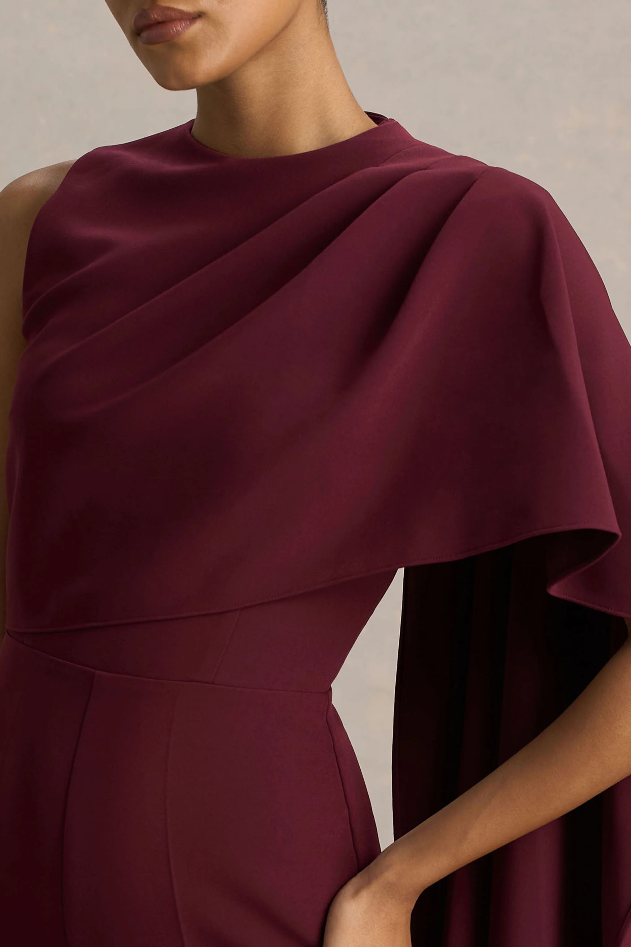 Sorenia | Burgundy High-Neck Jumpsuit With One-Cape Sleeve - Image 3