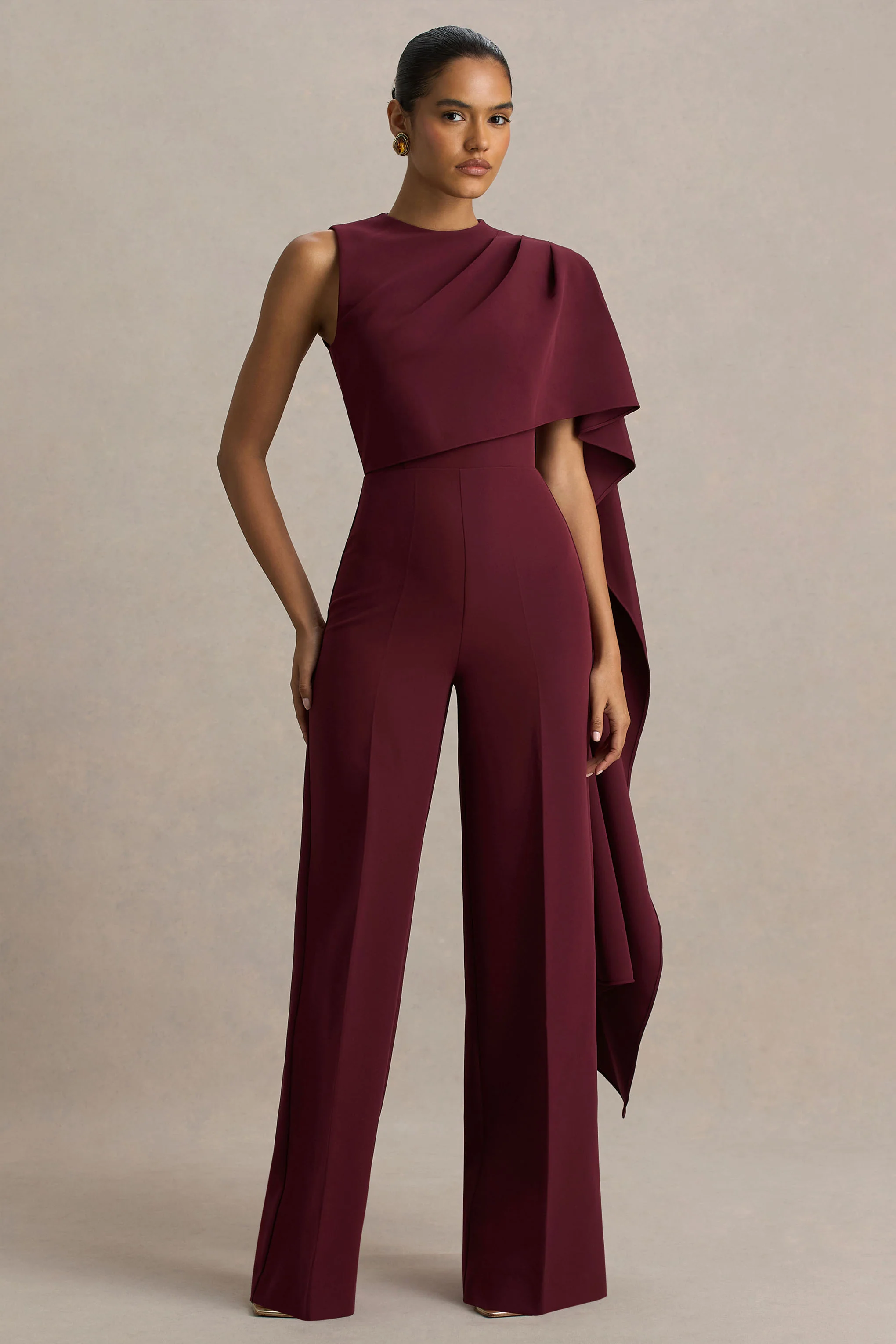 Sorenia | Burgundy High-Neck Jumpsuit With One-Cape Sleeve - Image 4