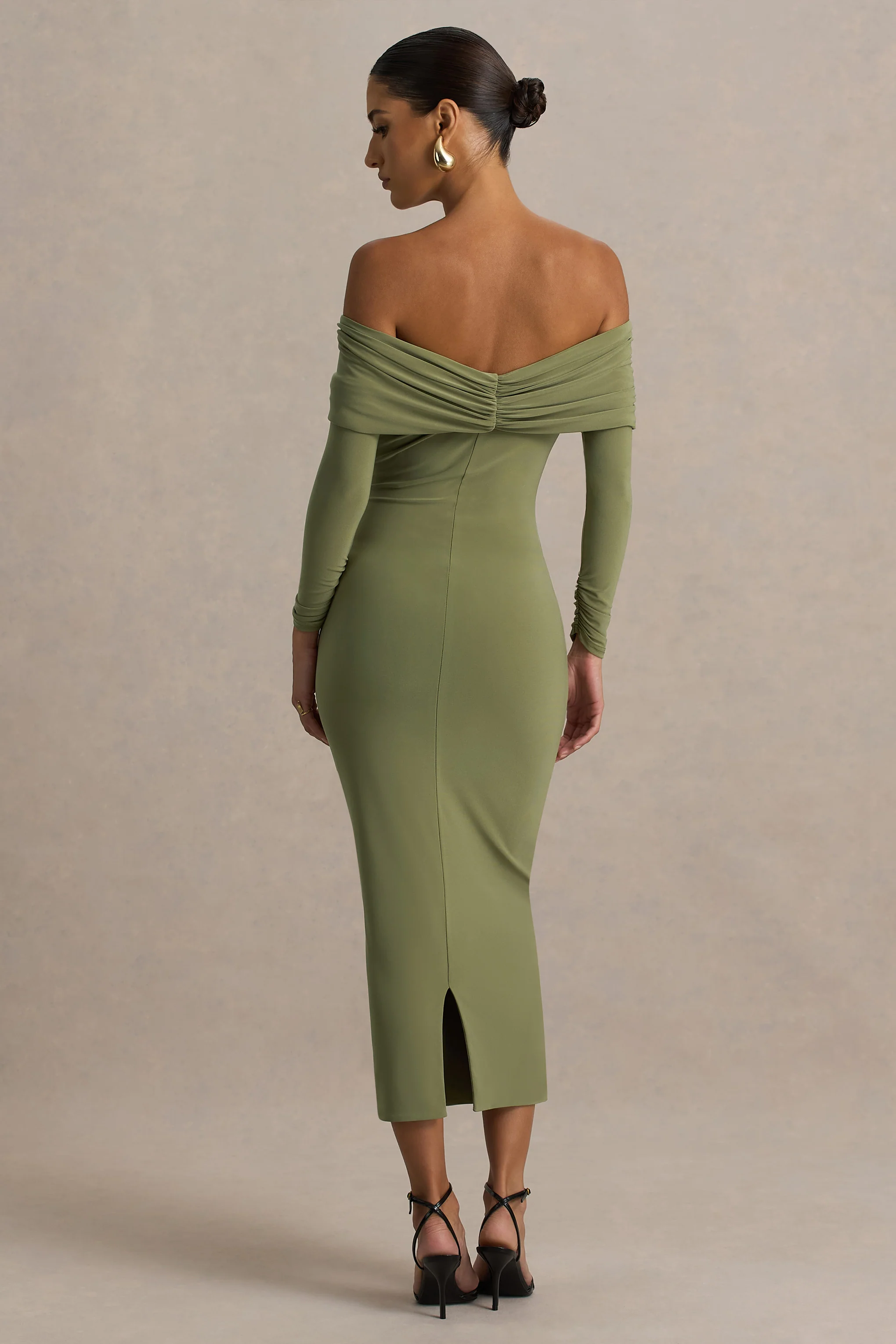 Spark | Olive Bardot-Neck Midi Dress With Bow Detail - Image 2