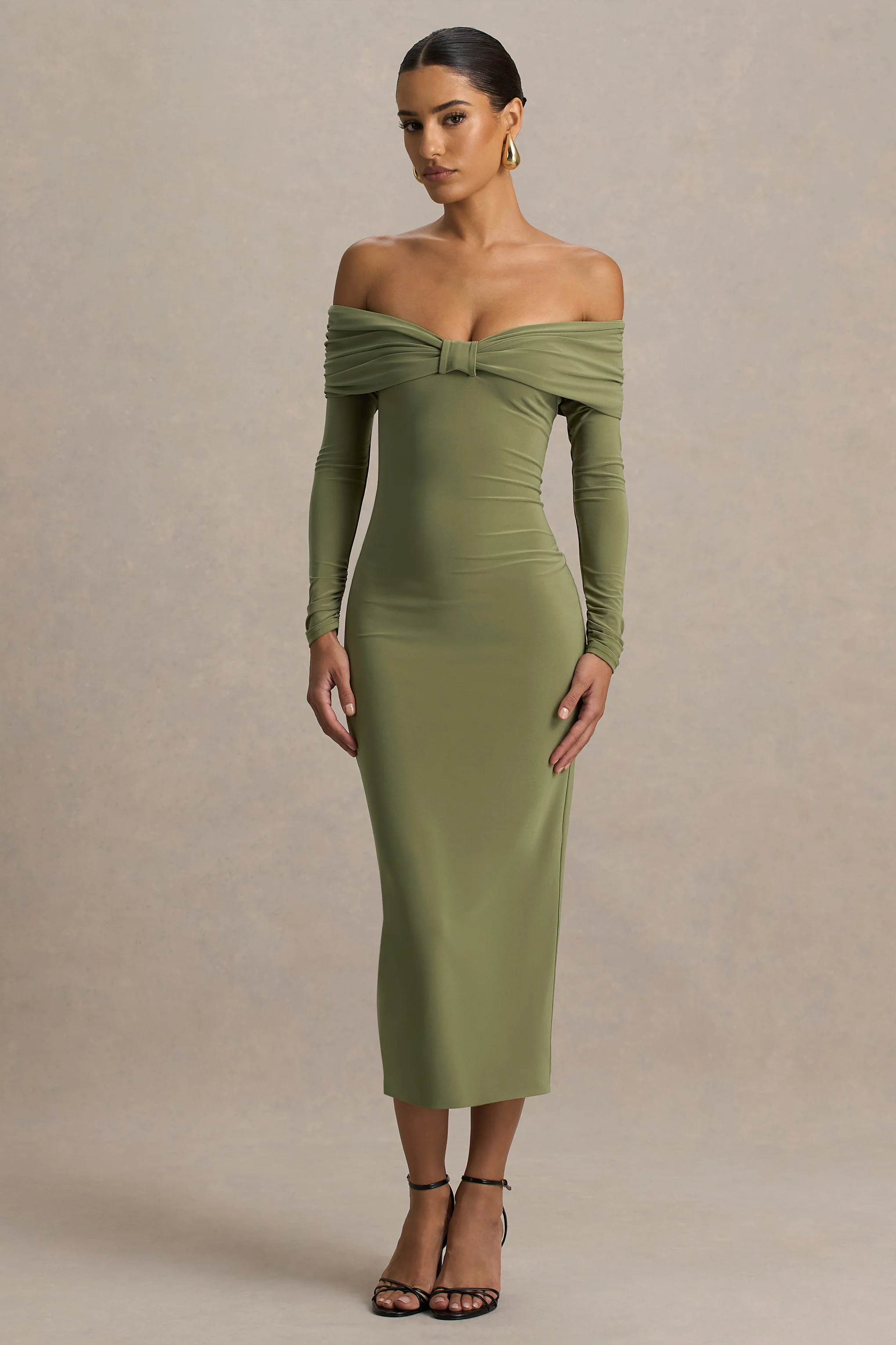 Spark | Olive Bardot-Neck Midi Dress With Bow Detail - Image 3