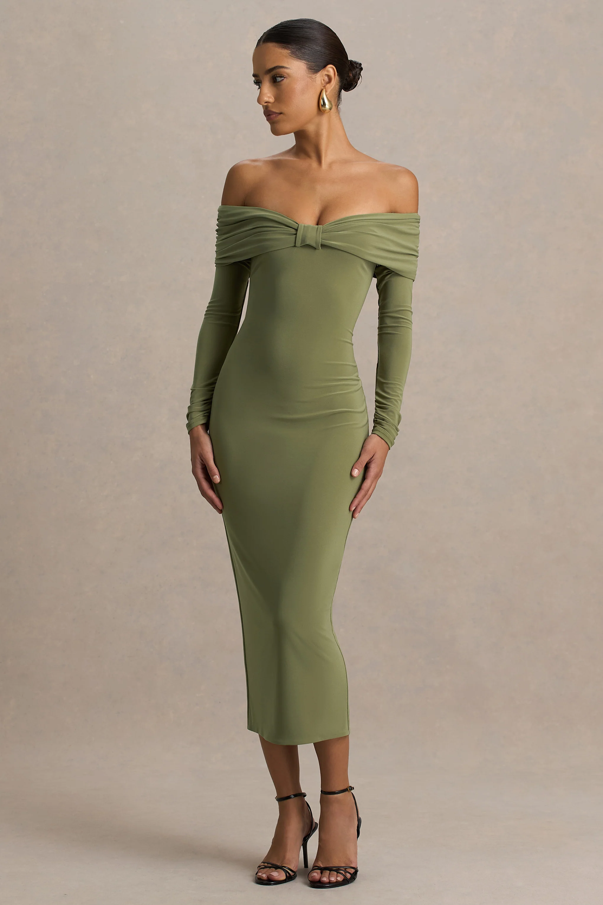 Spark | Olive Bardot-Neck Midi Dress With Bow Detail - Image 4