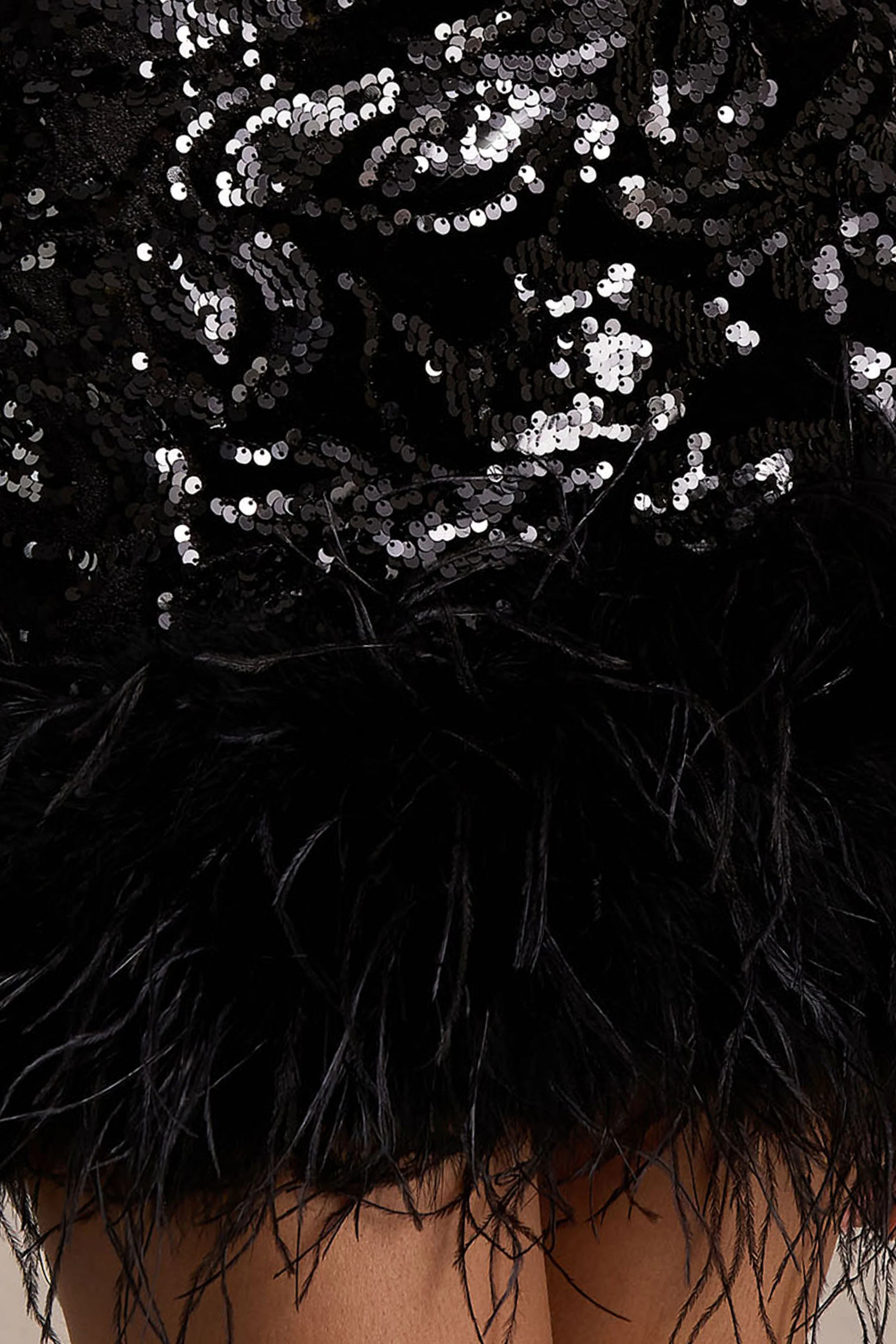 Stardust | Black Sequined Velvet Crew-Neck Mini Dress With Feather Trim - Image 3