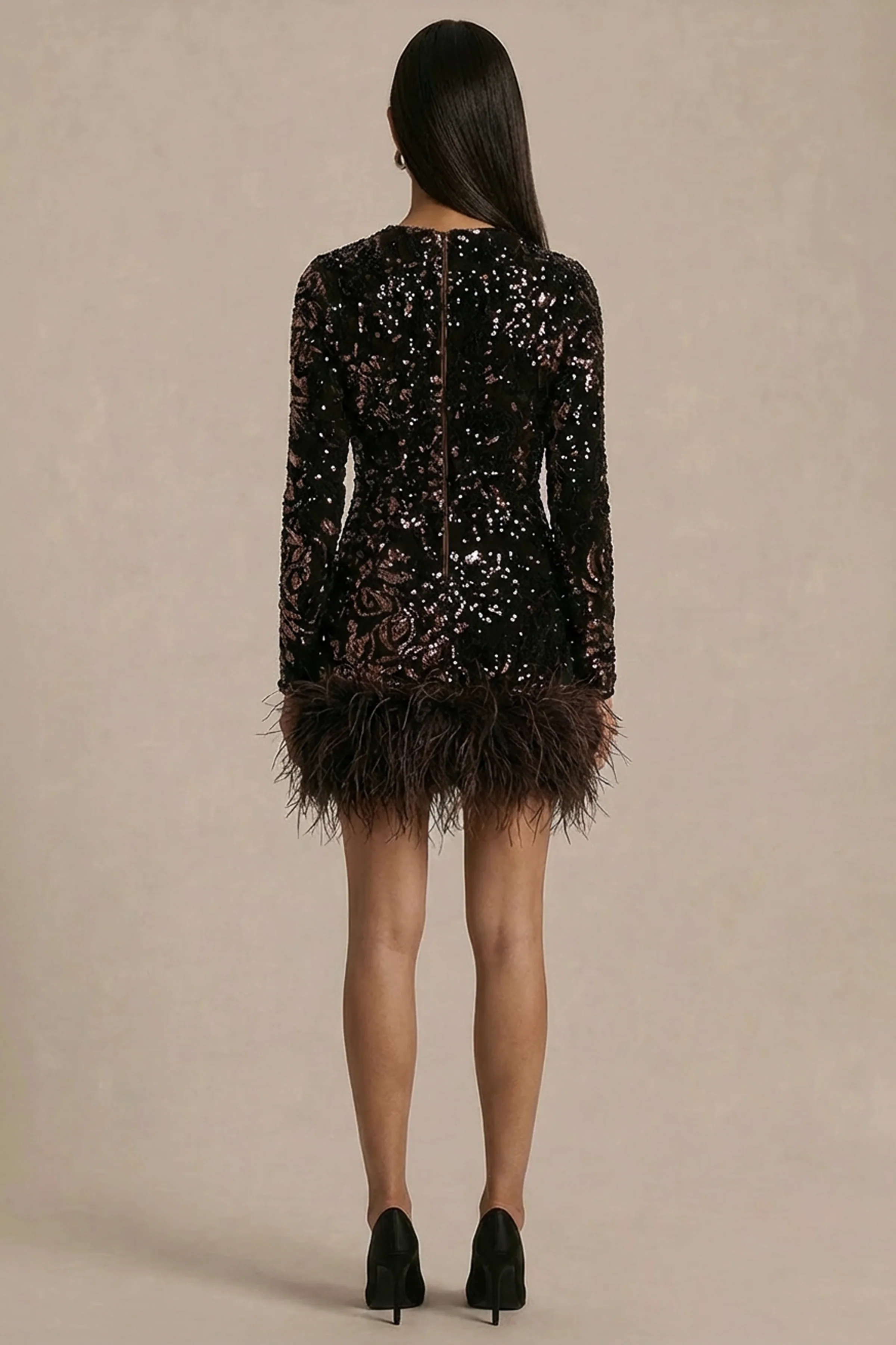 Stardust | Brown Sequined Velvet Crew-Neck Mini Dress With Feather Trim - Image 2