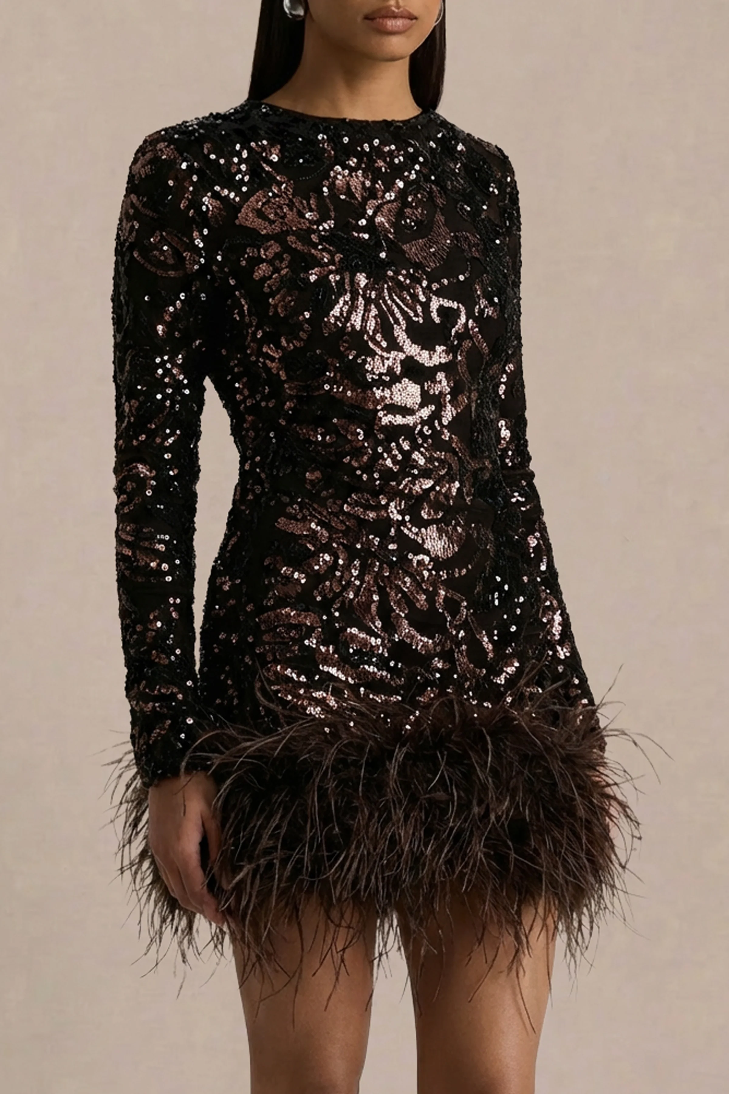 Stardust | Brown Sequined Velvet Crew-Neck Mini Dress With Feather Trim - Image 5