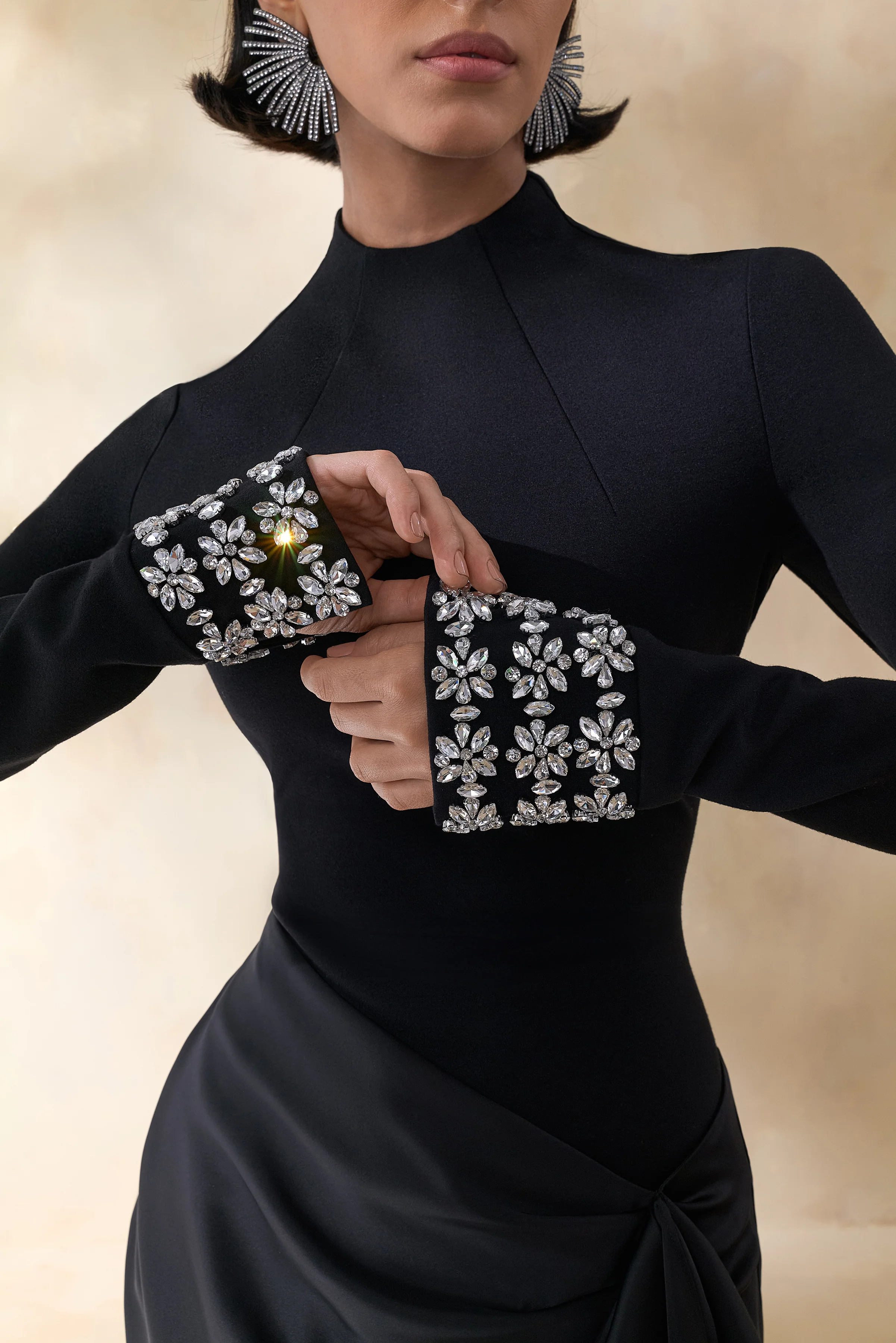 Starred | Black High-Neck Maxi Dress With Satin Wrap-Skirt And Embellished Cuffs - Image 3