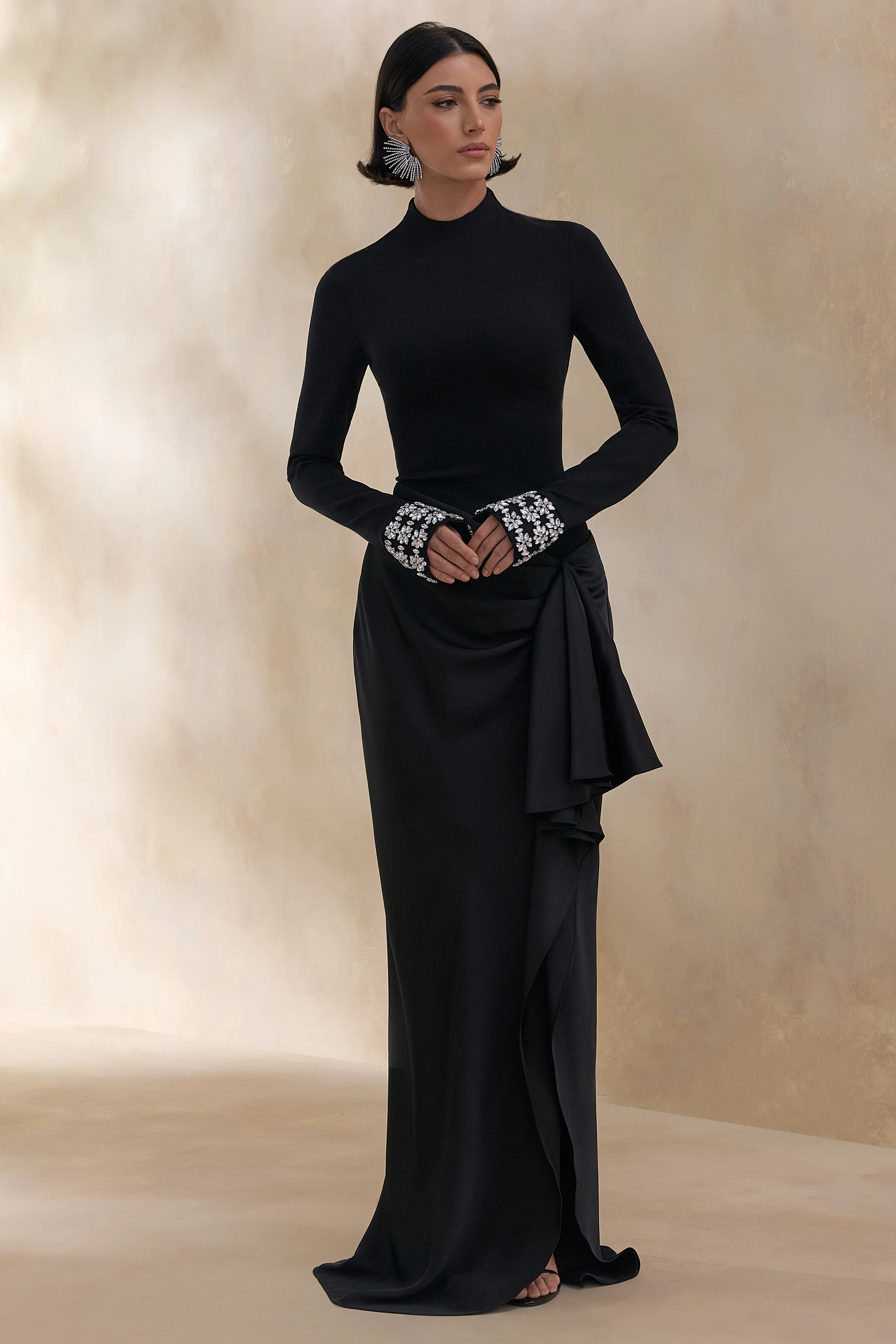 Starred | Black High-Neck Maxi Dress With Satin Wrap-Skirt And Embellished Cuffs - Image 5
