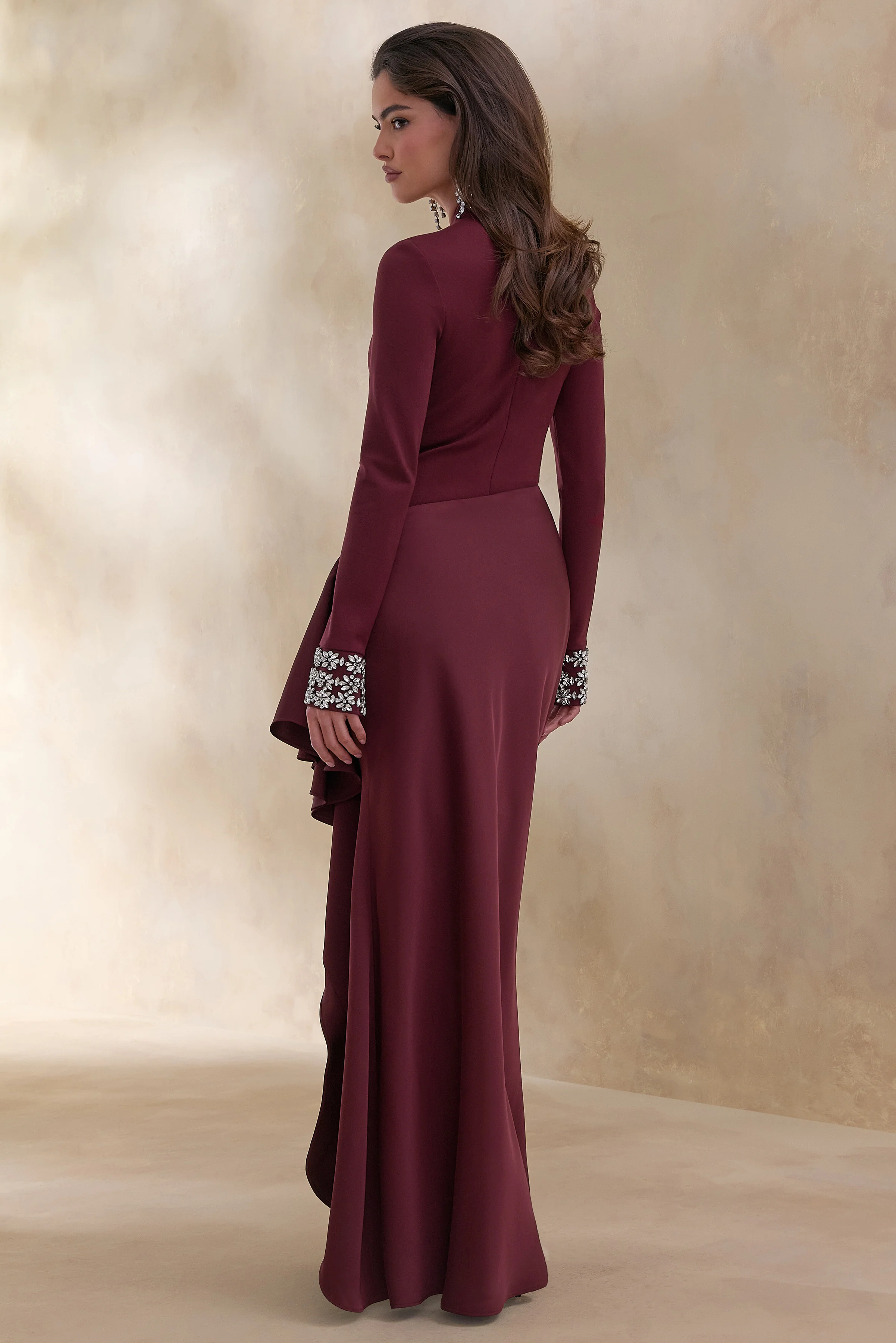 Starred | Burgundy Crew-Neck Maxi Dress With Drop-Waist And Satin Wrap-Skirt - Image 2