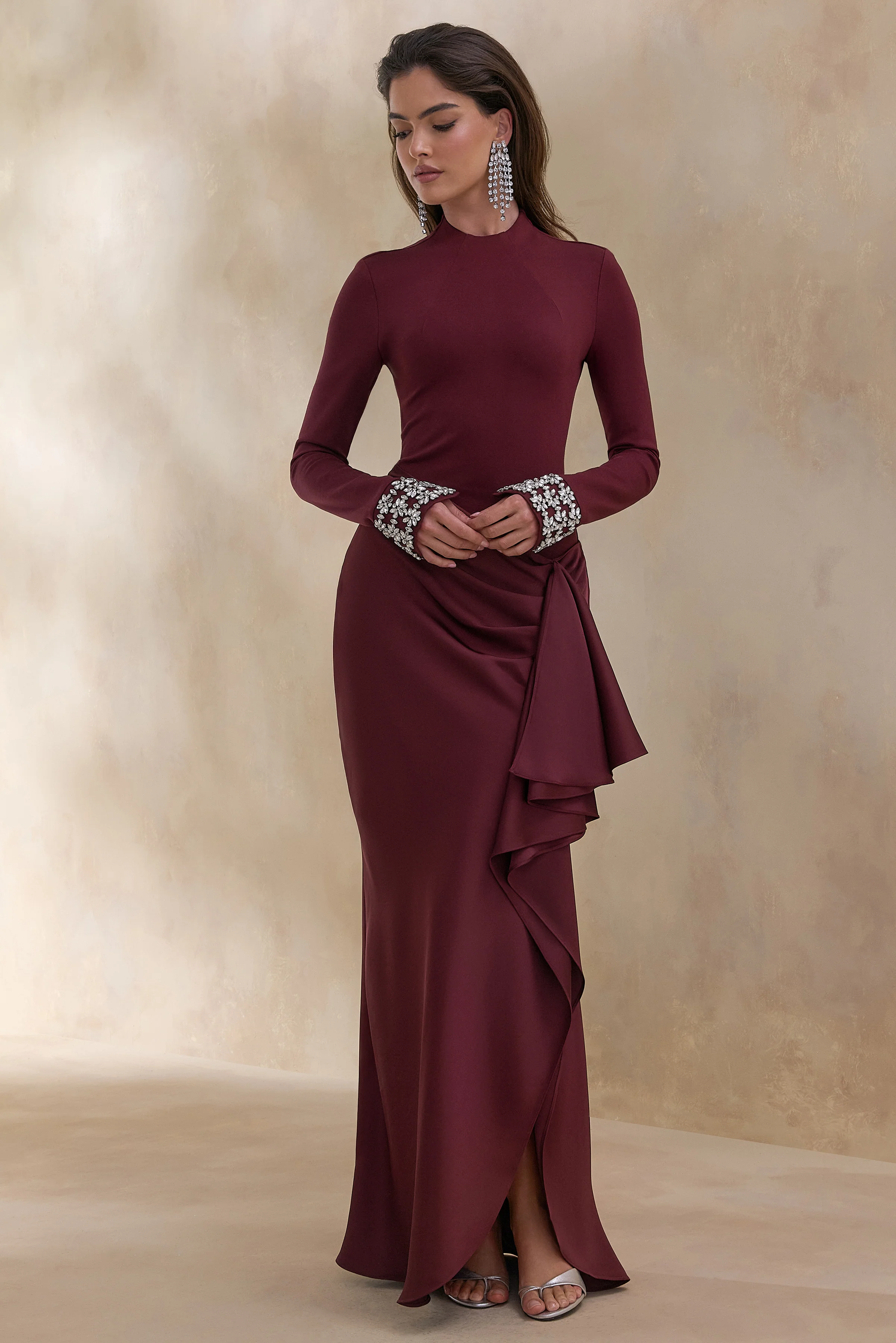 Starred | Burgundy Crew-Neck Maxi Dress With Drop-Waist And Satin Wrap-Skirt - Image 4