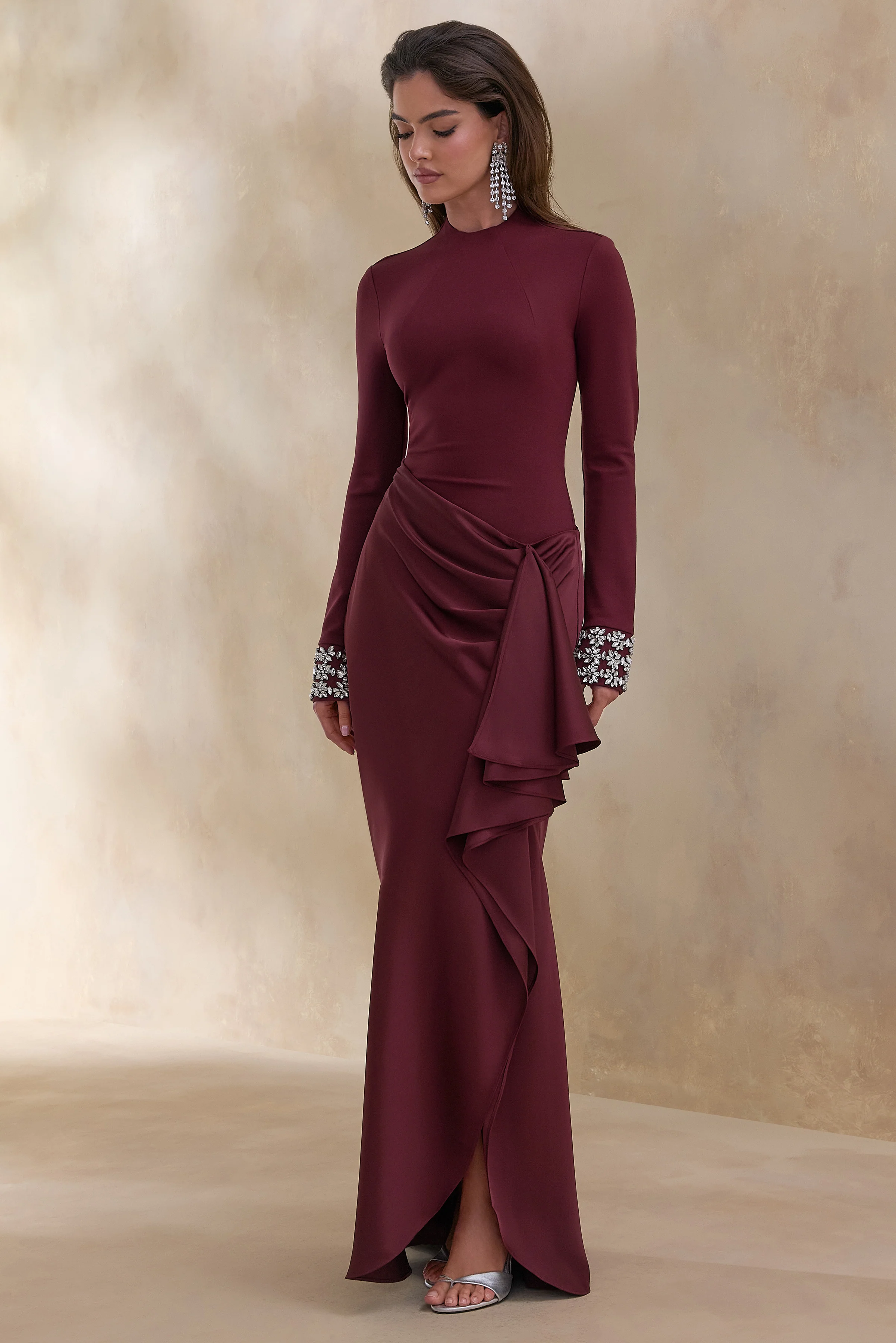 Starred | Burgundy Crew-Neck Maxi Dress With Drop-Waist And Satin Wrap-Skirt - Image 5