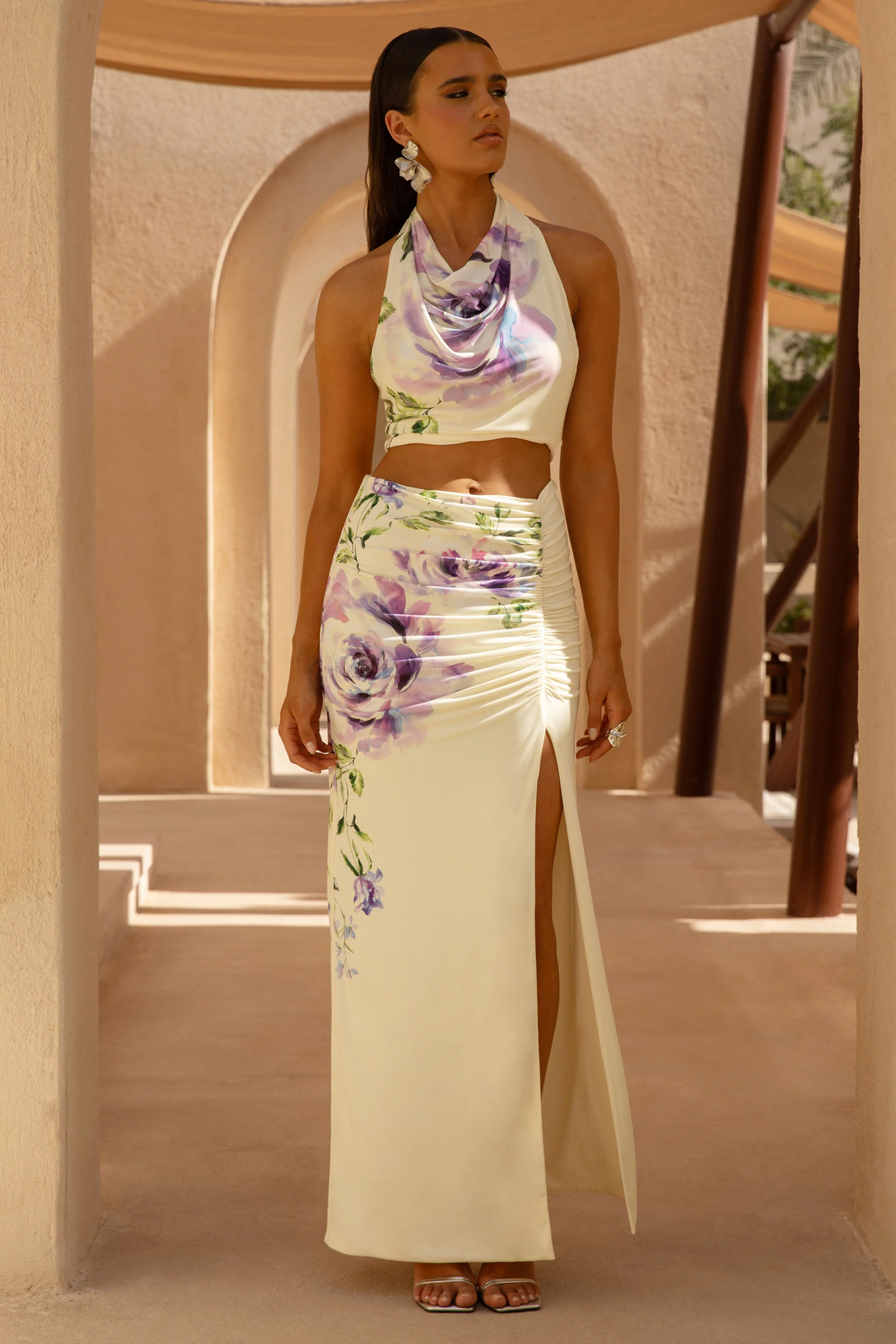 Stassi | Lilac Floral Placement Print Ruched Split Maxi Skirt - Image 6