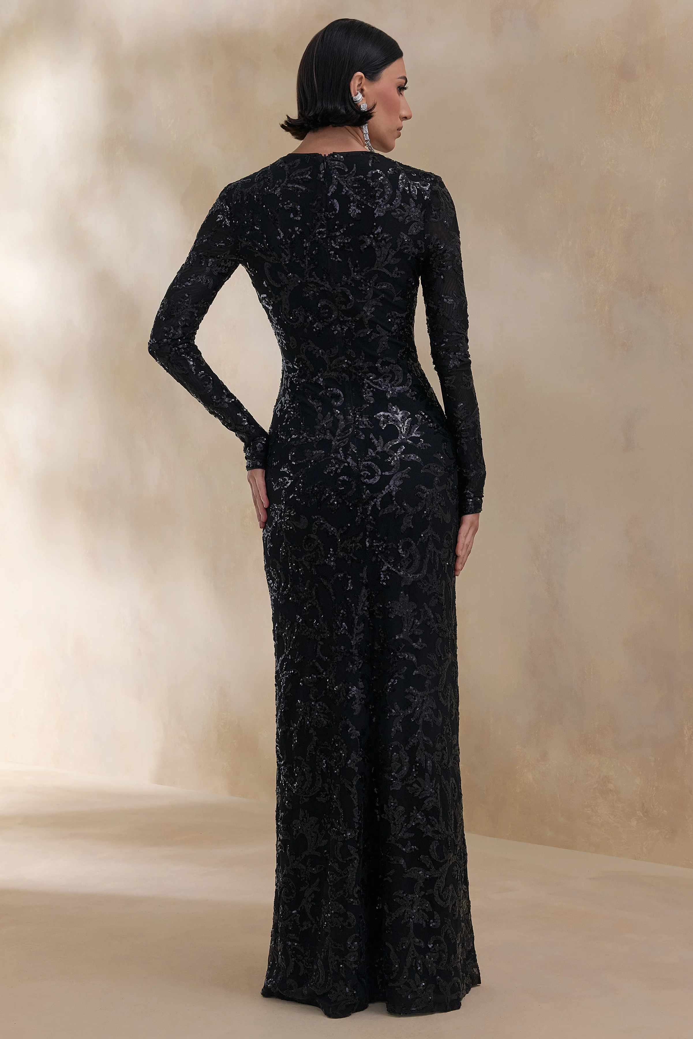 Stellar | Black Embellished Lace High-Neck Maxi Dress With Long Sleeves - Image 2