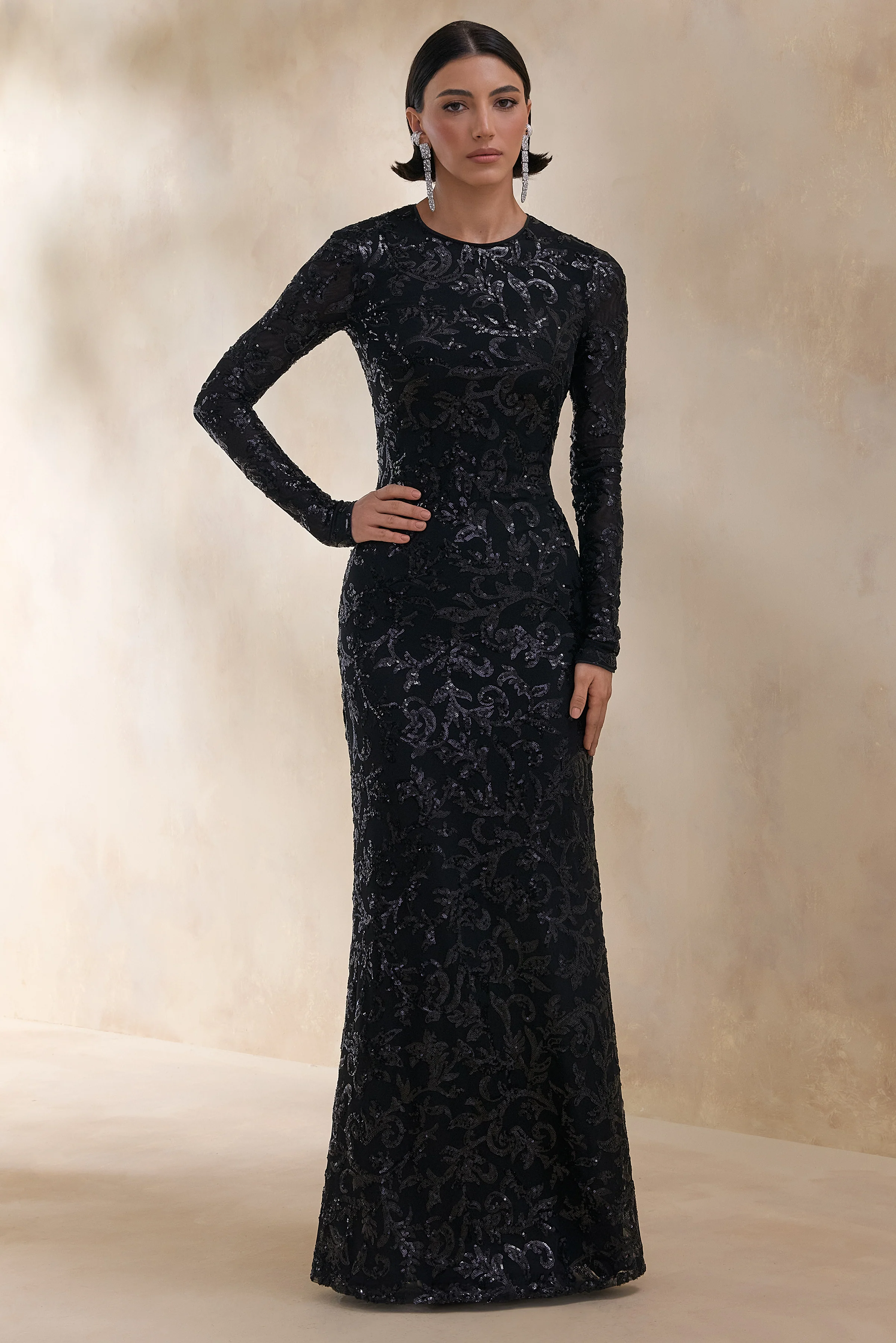 Stellar | Black Embellished Lace High-Neck Maxi Dress With Long Sleeves - Image 5