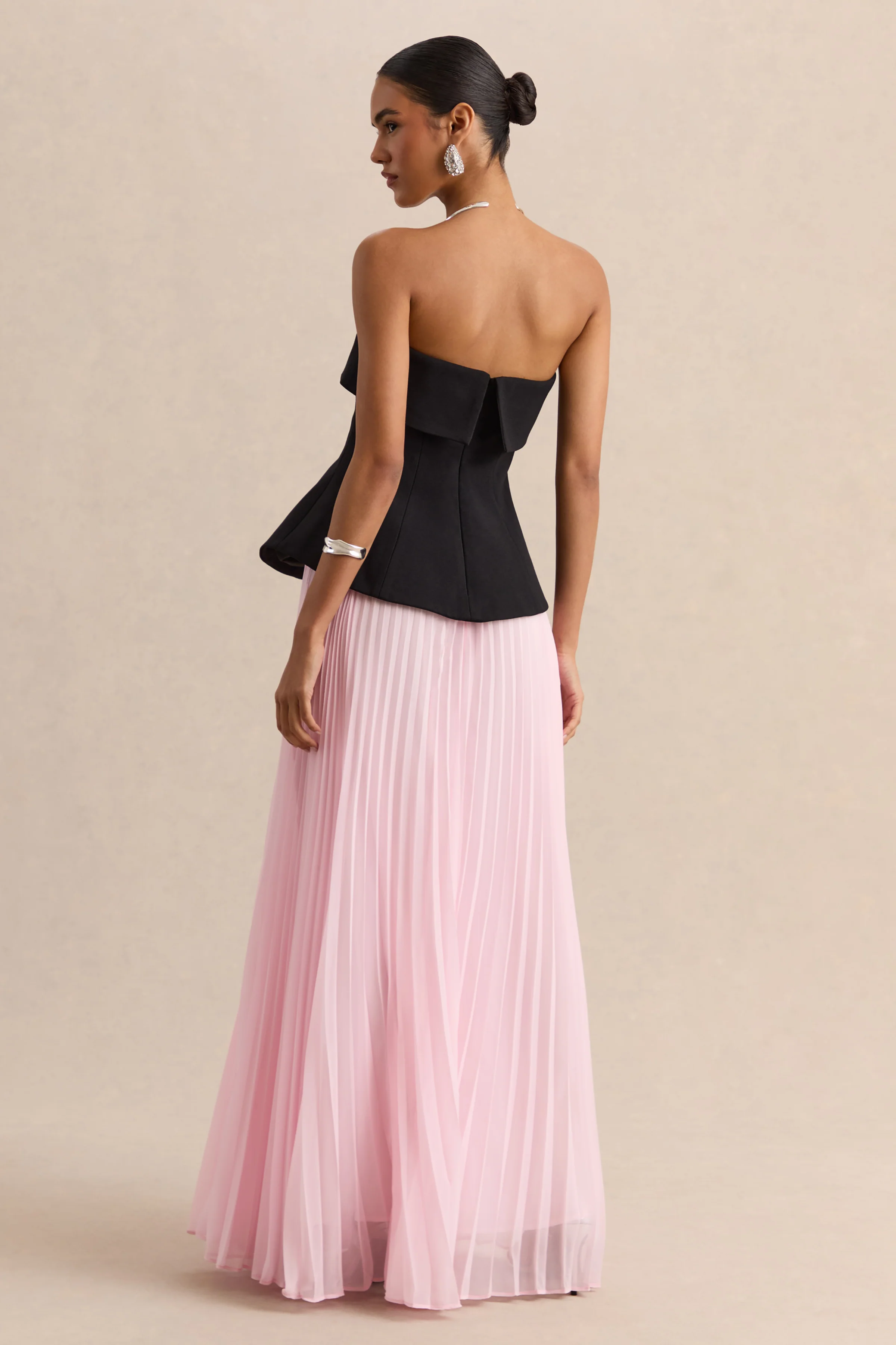 Stellara | Black & Pink Bandeau Corset Maxi Dress With Sheer Skirt - Image 2