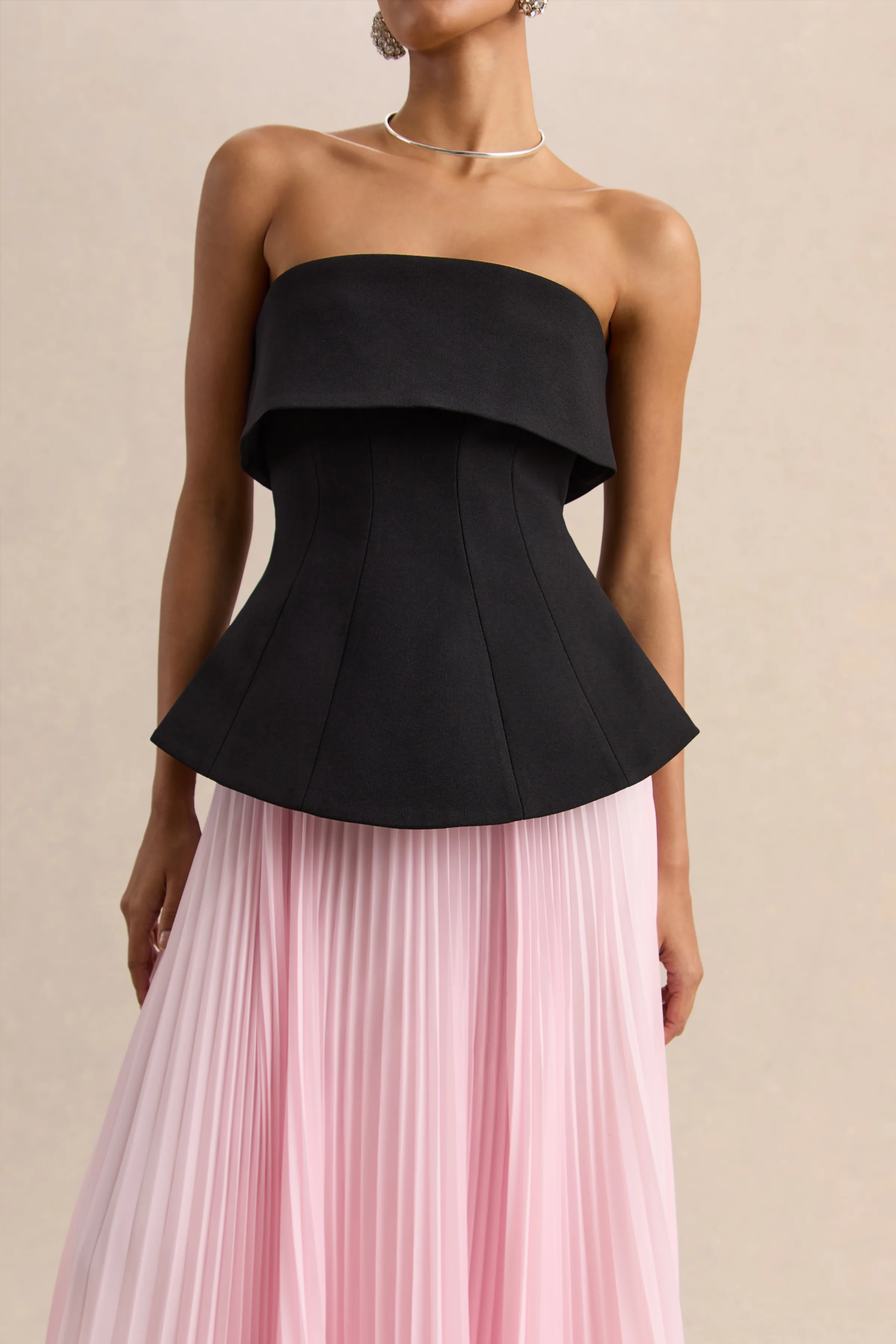 Stellara | Black & Pink Bandeau Corset Maxi Dress With Sheer Skirt - Image 3