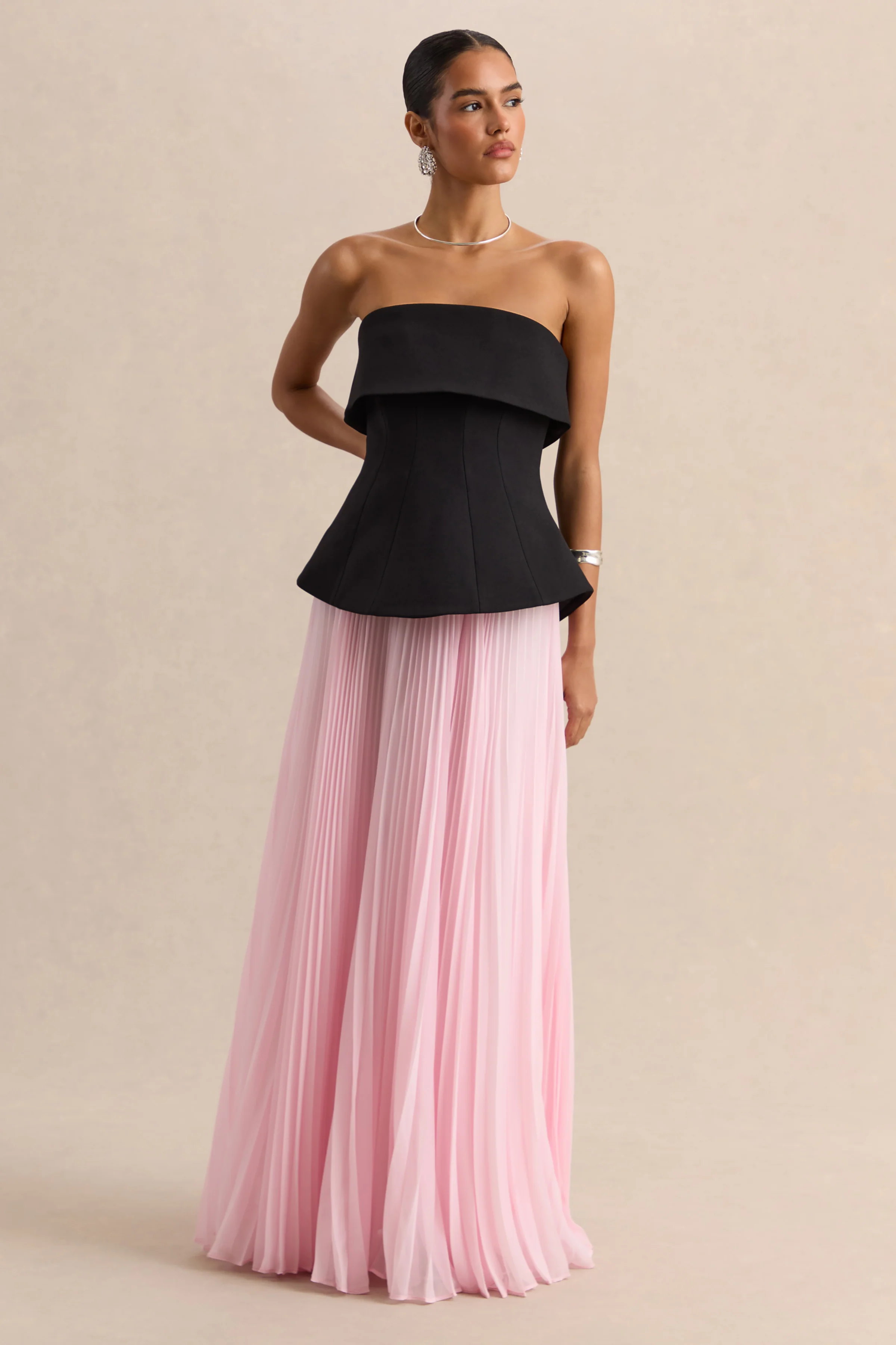 Stellara | Black & Pink Bandeau Corset Maxi Dress With Sheer Skirt - Image 4