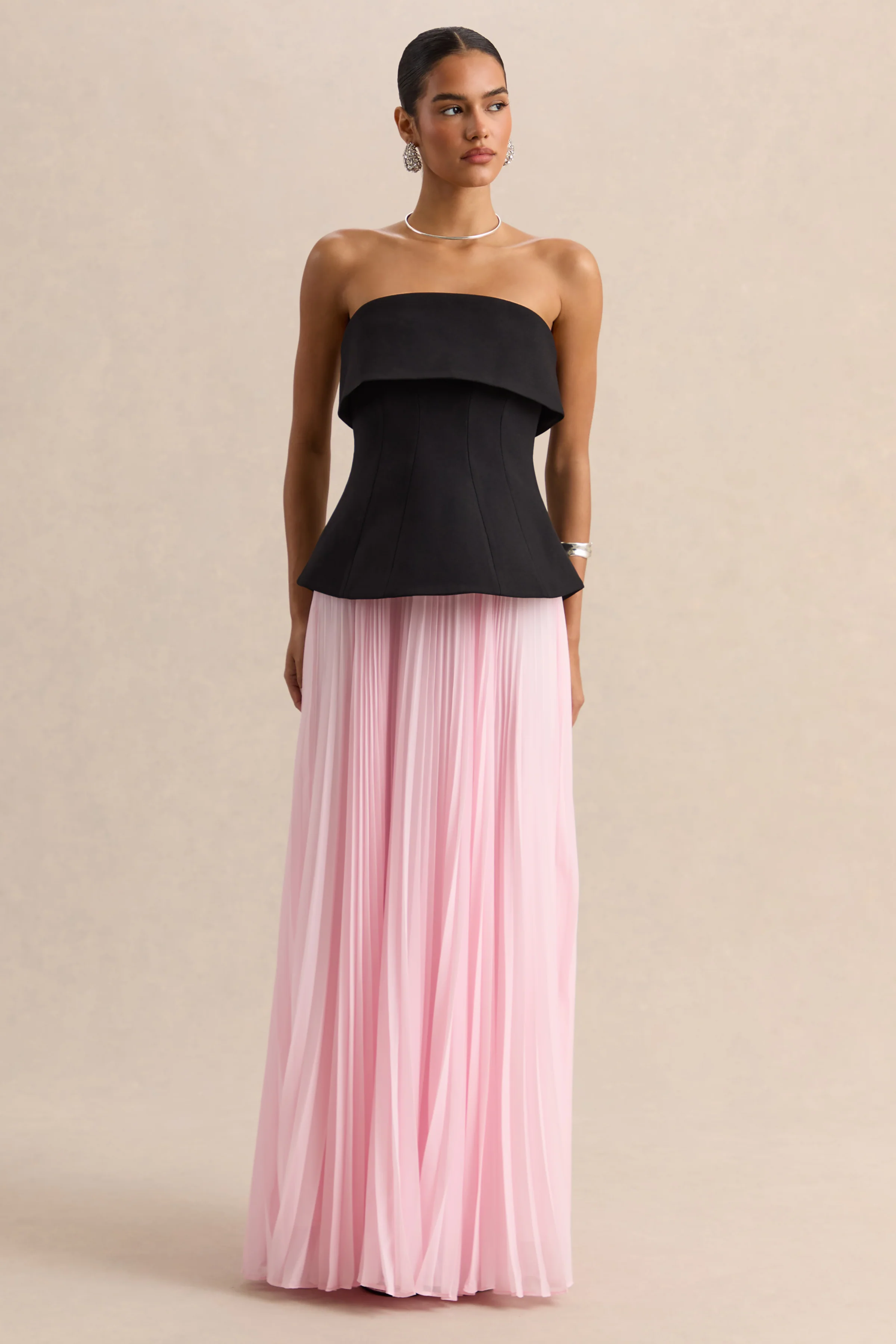 Stellara | Black & Pink Bandeau Corset Maxi Dress With Sheer Skirt - Image 5