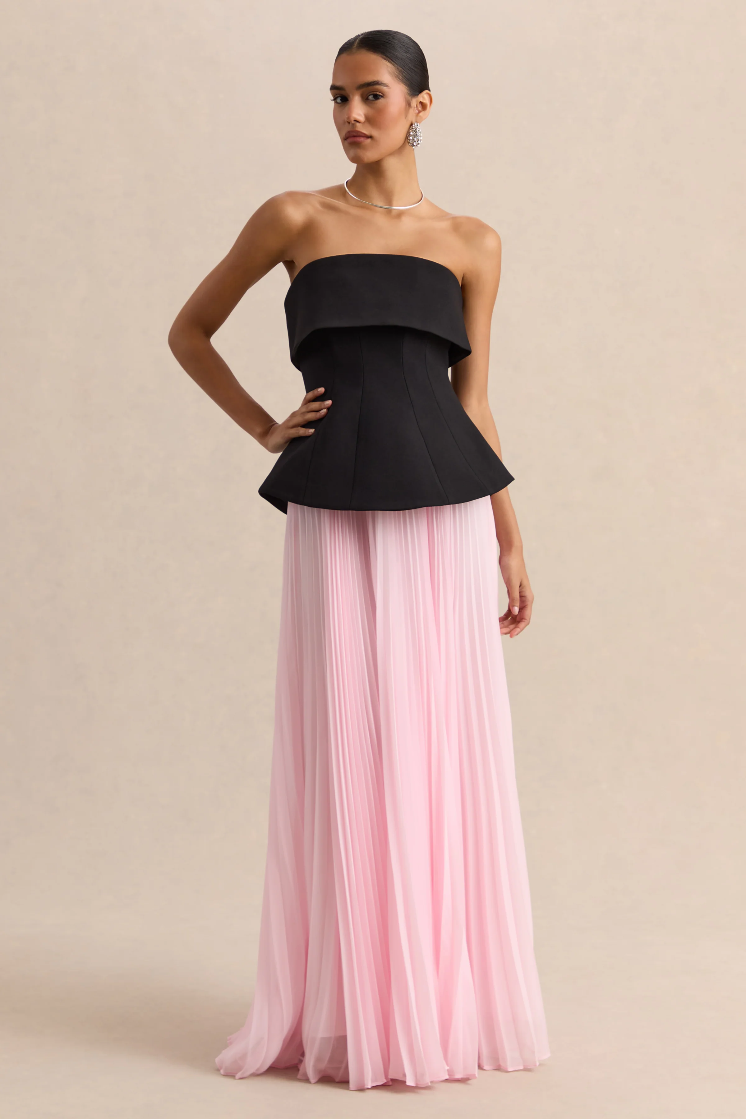 Stellara | Black & Pink Bandeau Corset Maxi Dress With Sheer Skirt - Image 6