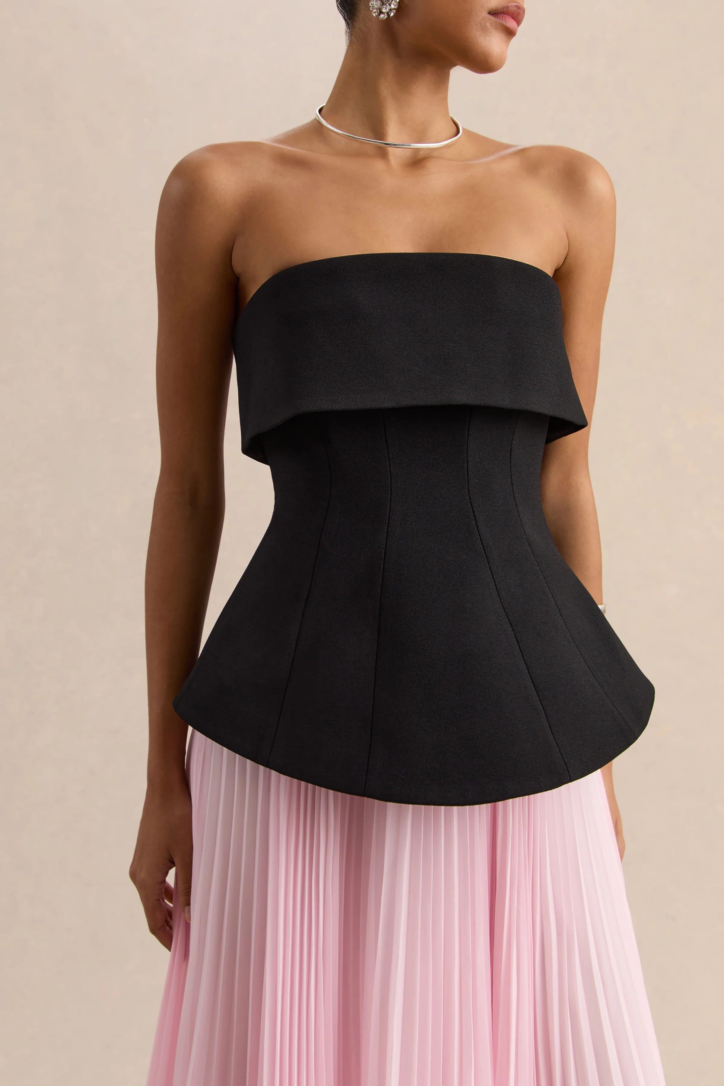 Stellara | Black & Pink Bandeau Corset Maxi Dress With Sheer Skirt - Image 7