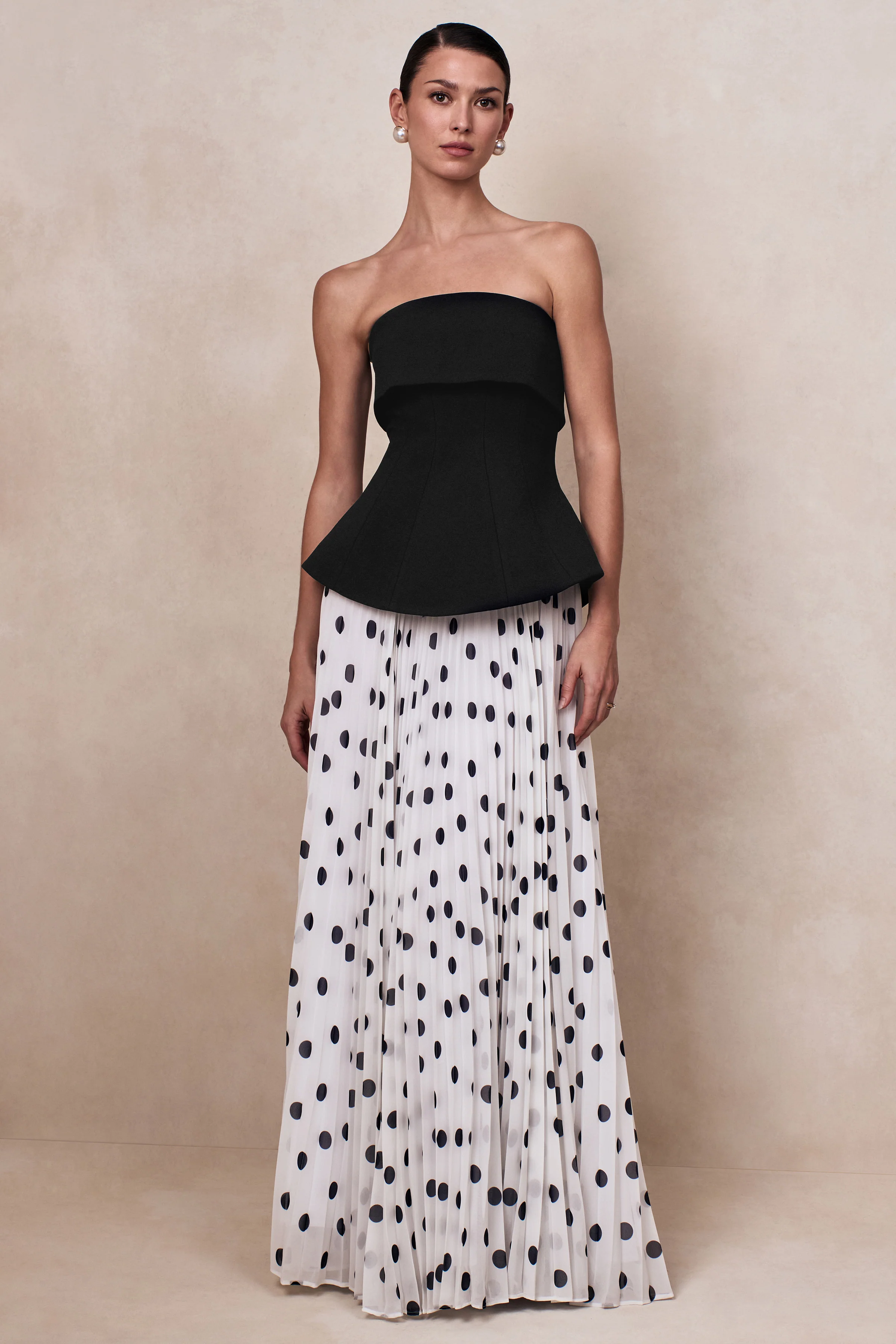 Stellara | Black & White Polka Dot Bandeau Corset Maxi Dress With Sheer Skirt - Image 2
