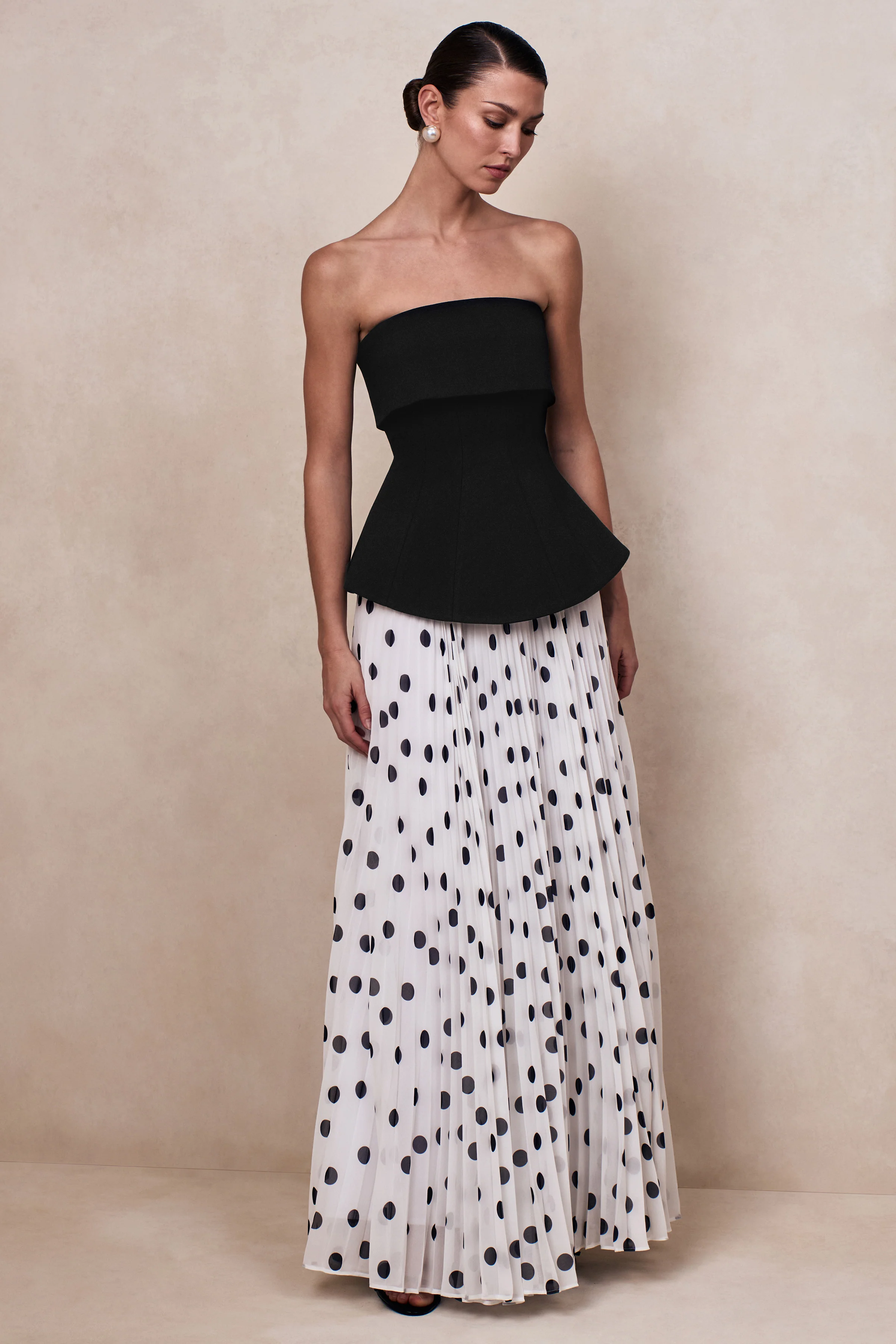 Stellara | Black & White Polka Dot Bandeau Corset Maxi Dress With Sheer Skirt - Image 5