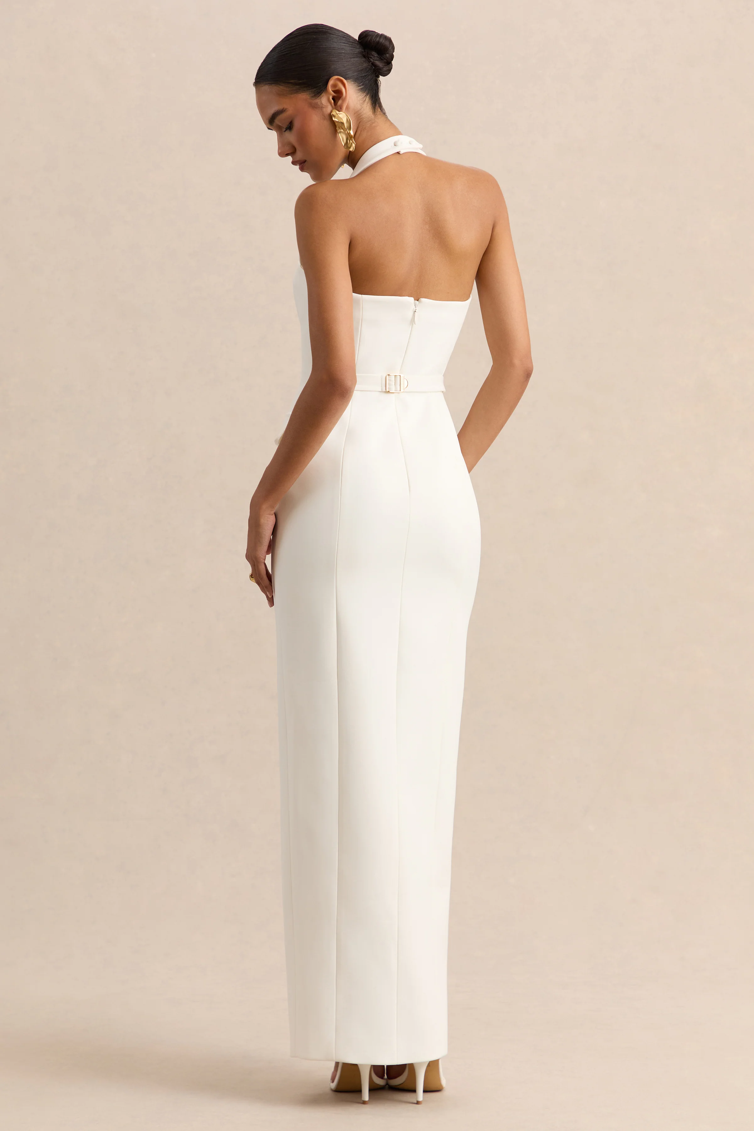 Steph | White Halter-Neck Tailored Maxi Dress - Image 2